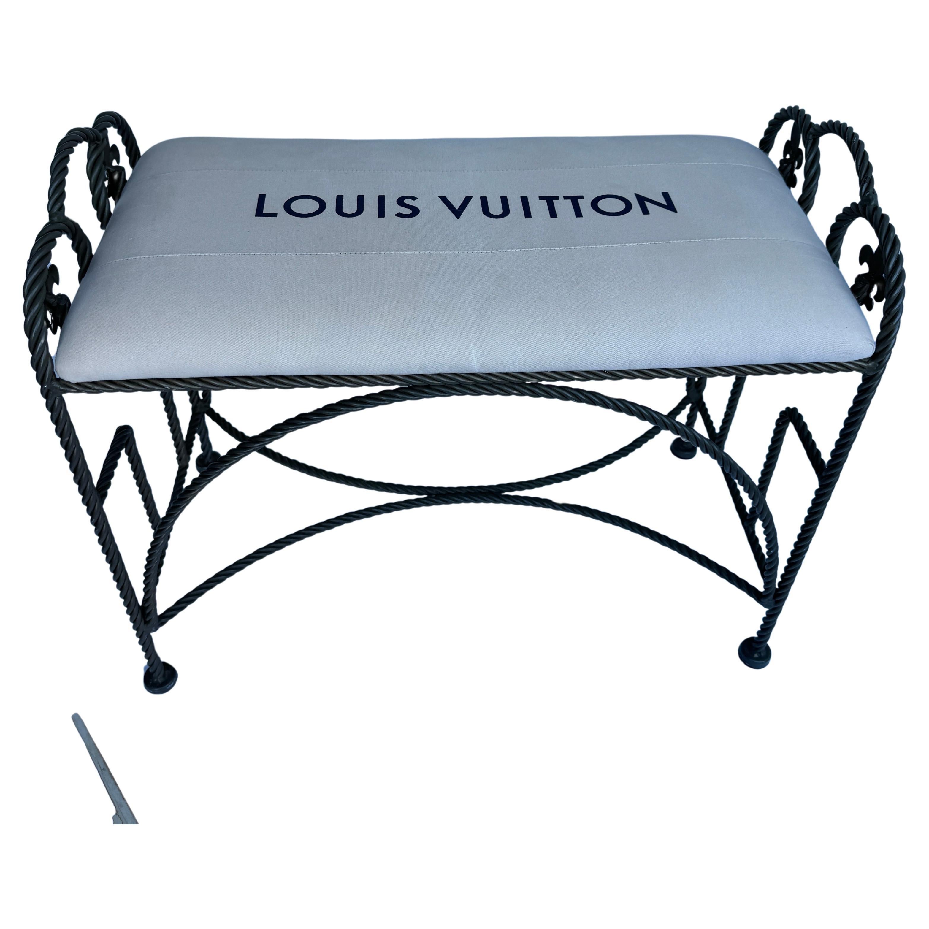 Mid-Century Modern French Vintage Roped Iron Bench With Louis Vuitton Bag Fabric