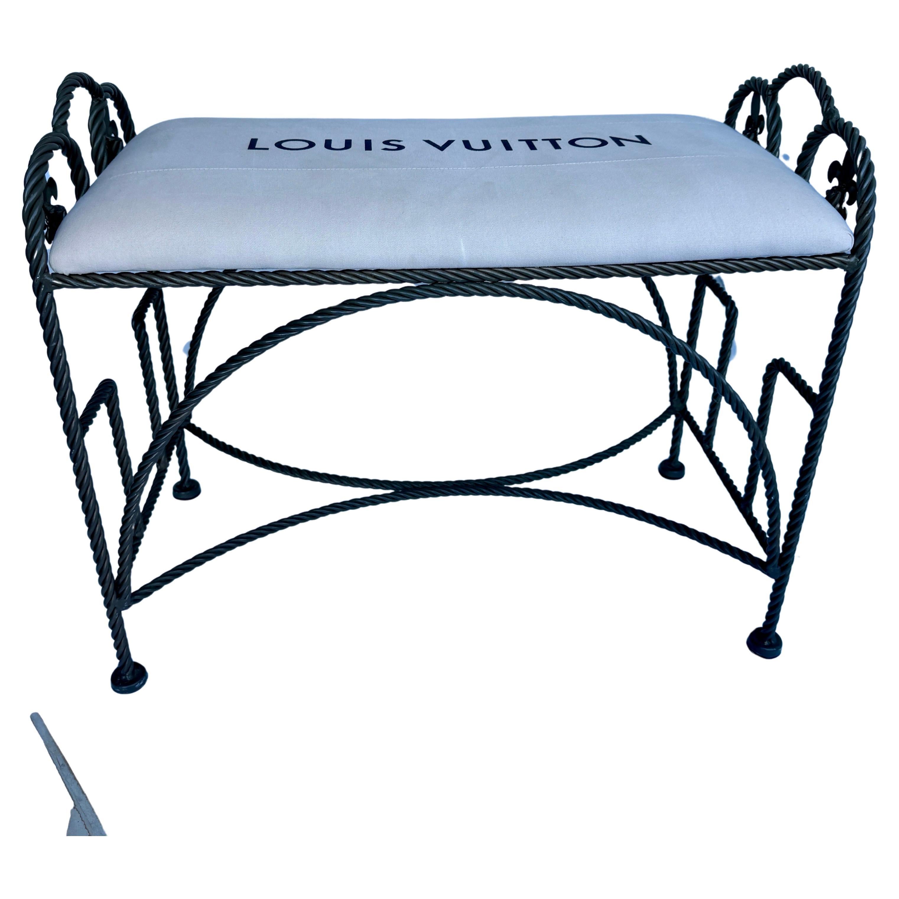 Hand-Crafted French Vintage Roped Iron Bench With Louis Vuitton Bag Fabric