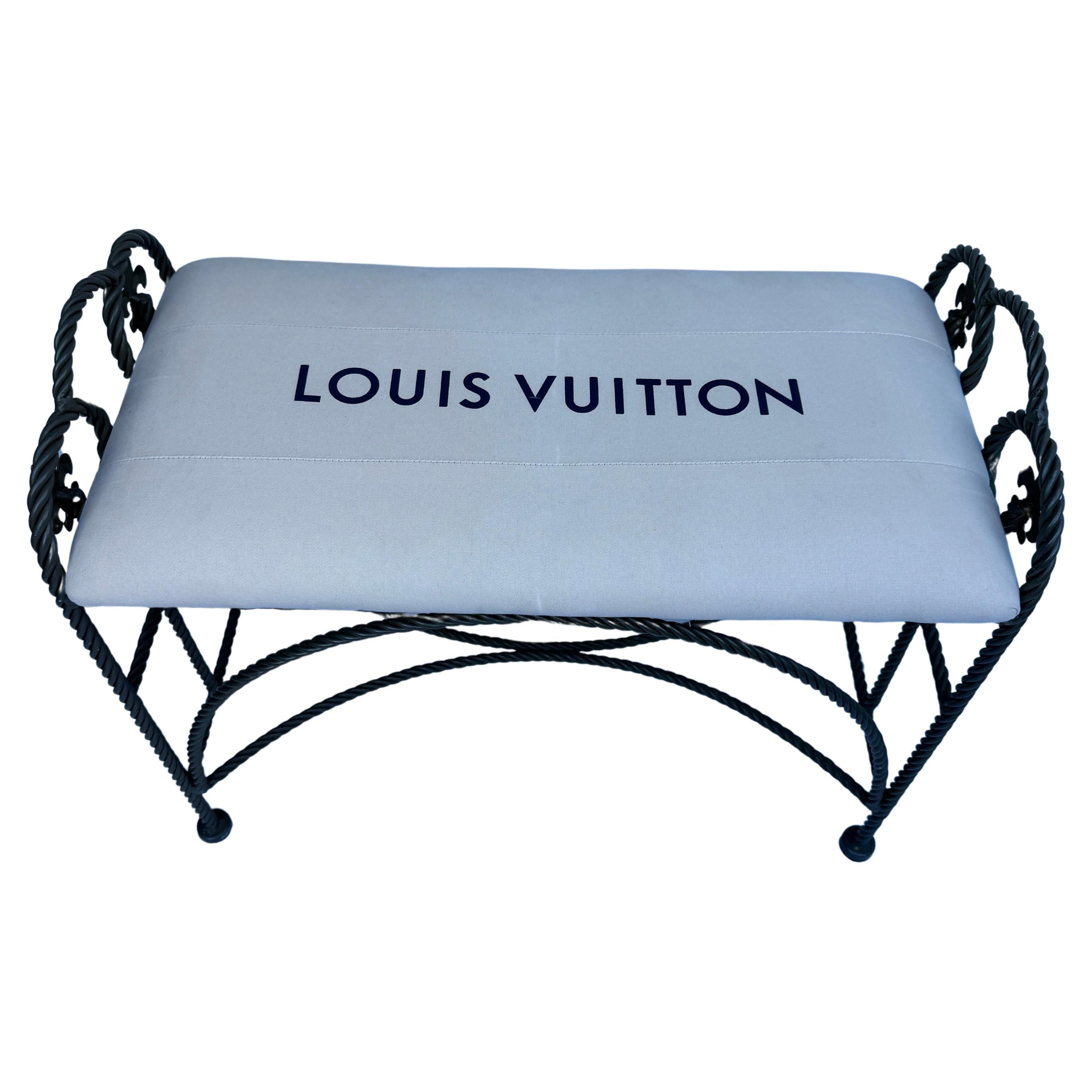 French Vintage Roped Iron Bench With Louis Vuitton Bag Fabric