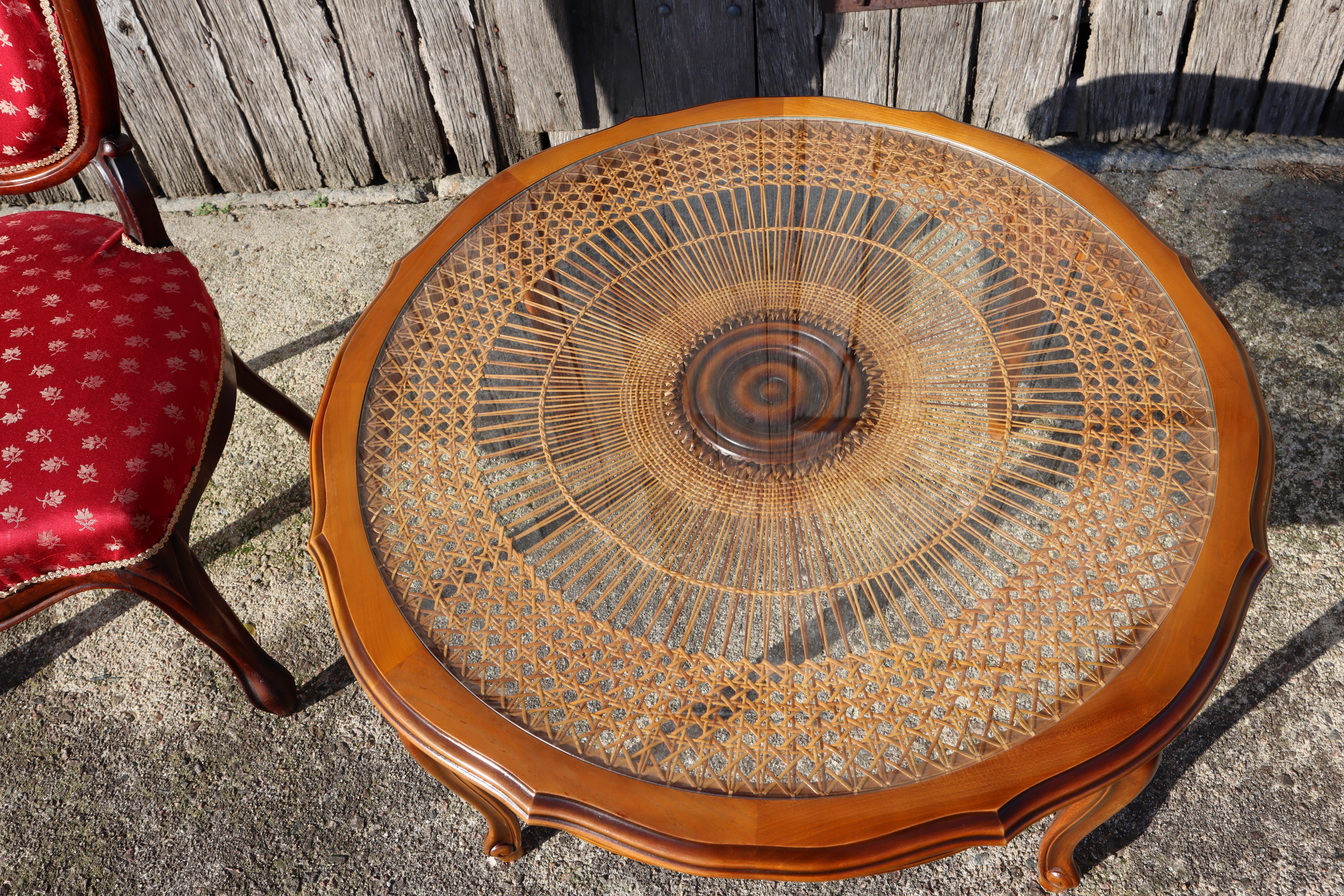 French Vintage round Cane Glass Coffee Table-Cherrywood Table Style Louis XV-60s 1