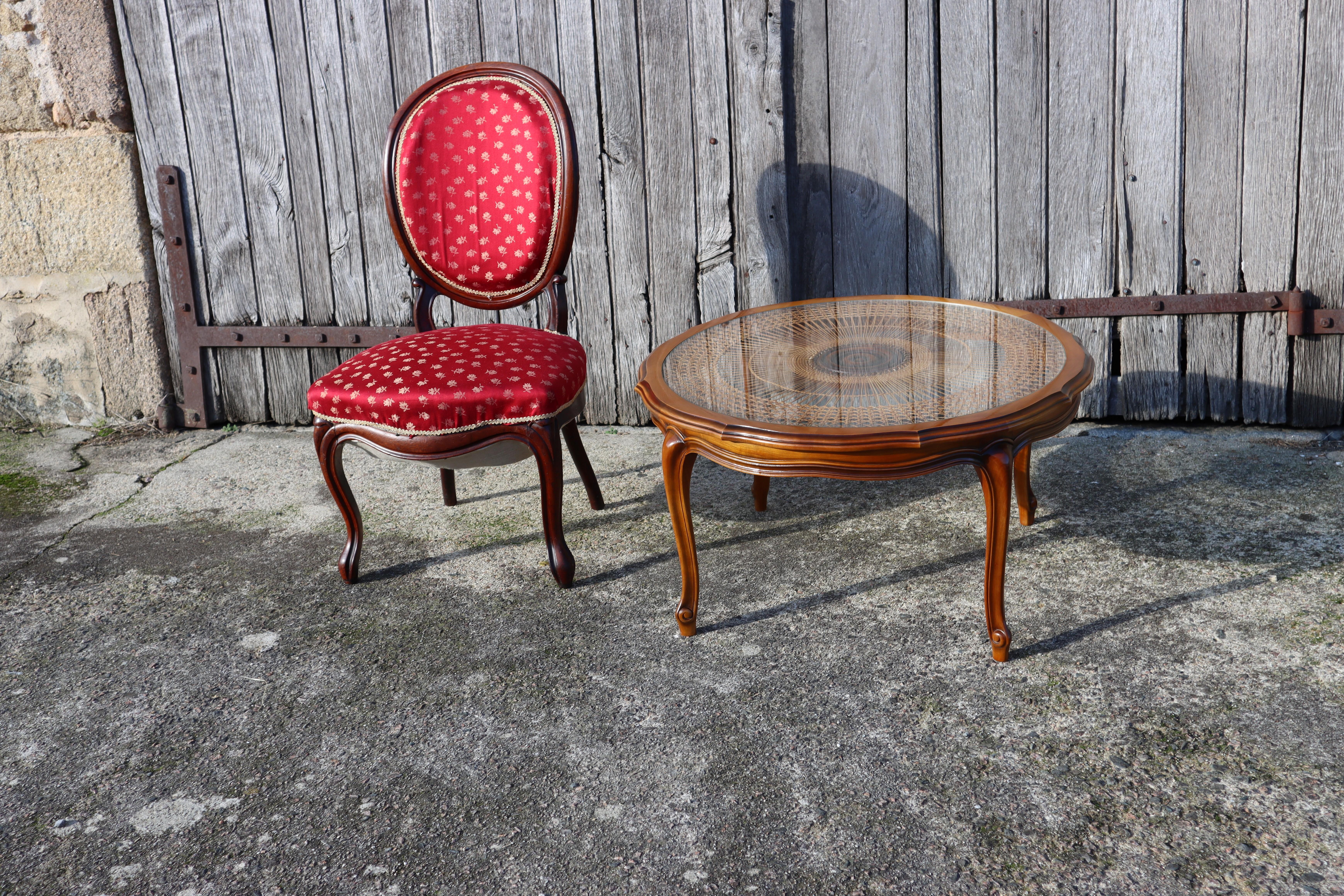French Vintage round Cane Glass Coffee Table-Cherrywood Table Style Louis XV-60s 2