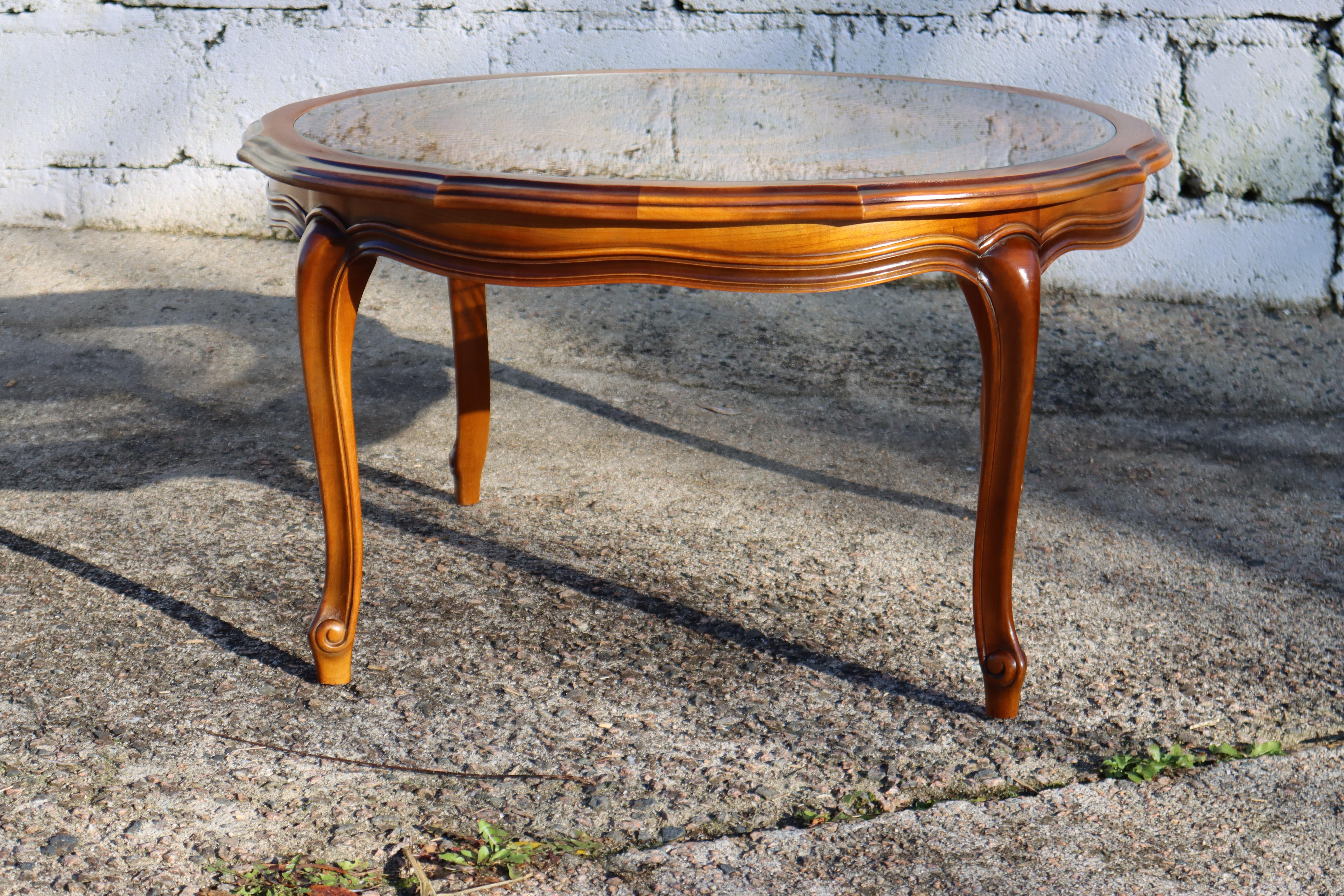 French Vintage round Cane Glass Coffee Table-Cherrywood Table Style Louis XV-60s 3