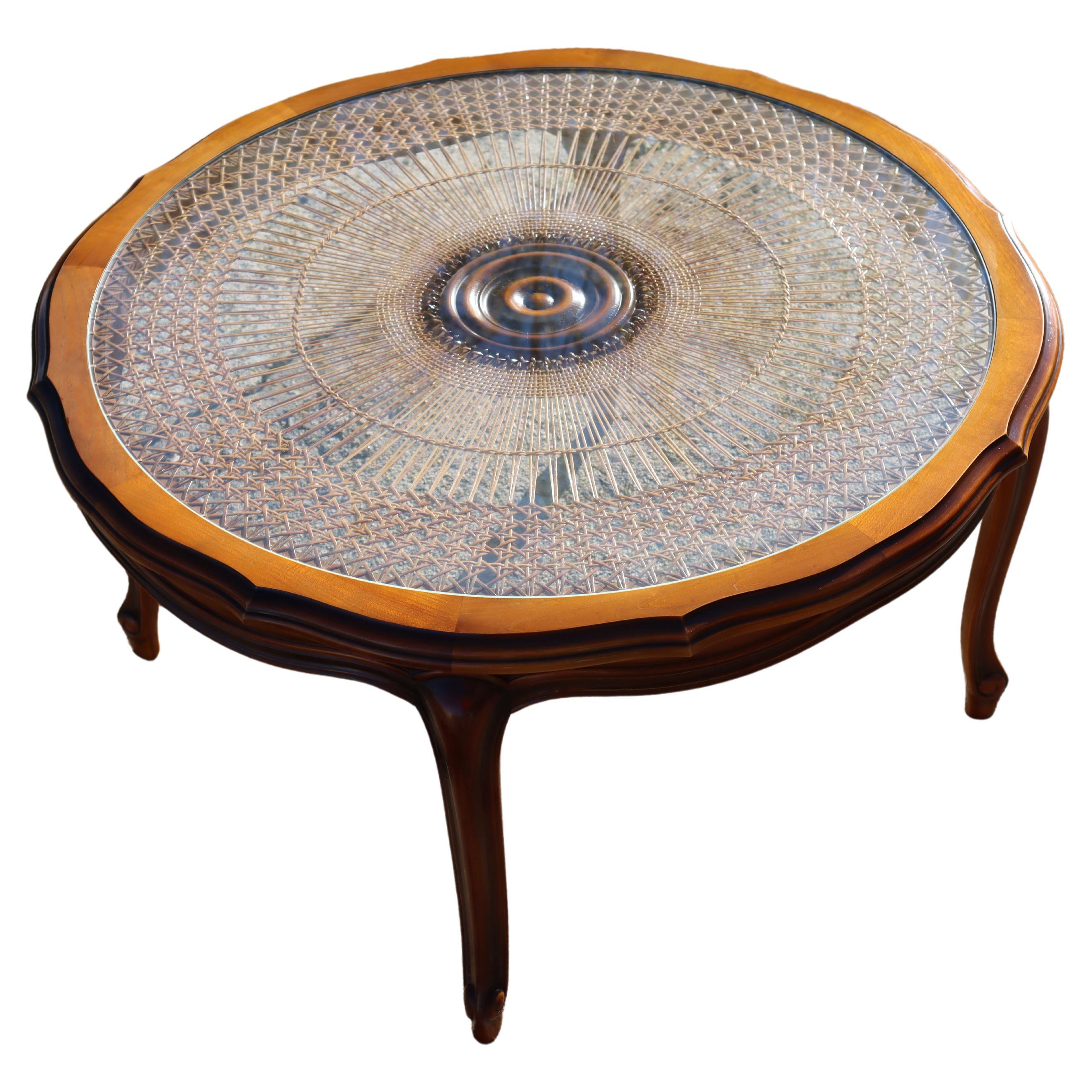 French Vintage round Cane Glass Coffee Table-Cherrywood Table Style Louis XV-60s