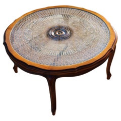 French Vintage round Cane Glass Coffee Table-Cherrywood Table Style Louis XV-60s