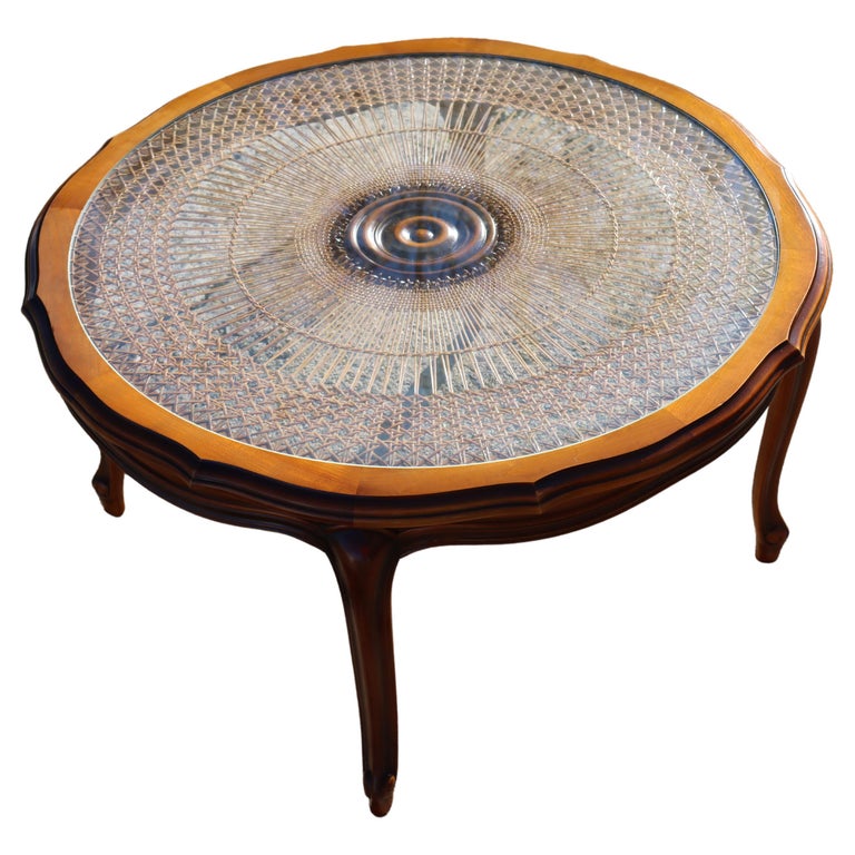 French Vintage round Cane Glass Coffee TableCherrywood Table Style