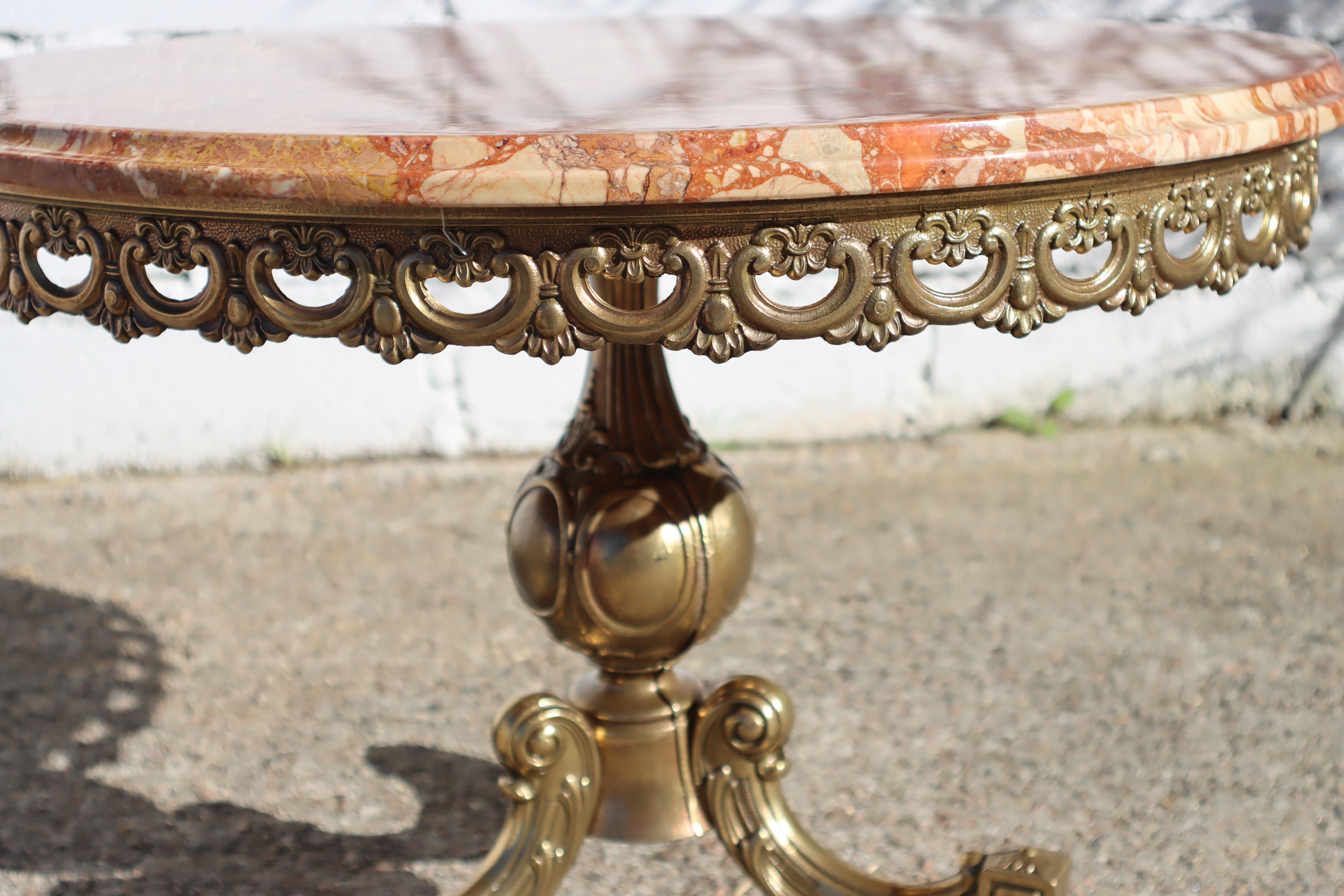 French Vintage round Marble & Brass Coffee Table-Cocktail Table-Lounge Table-70s 2