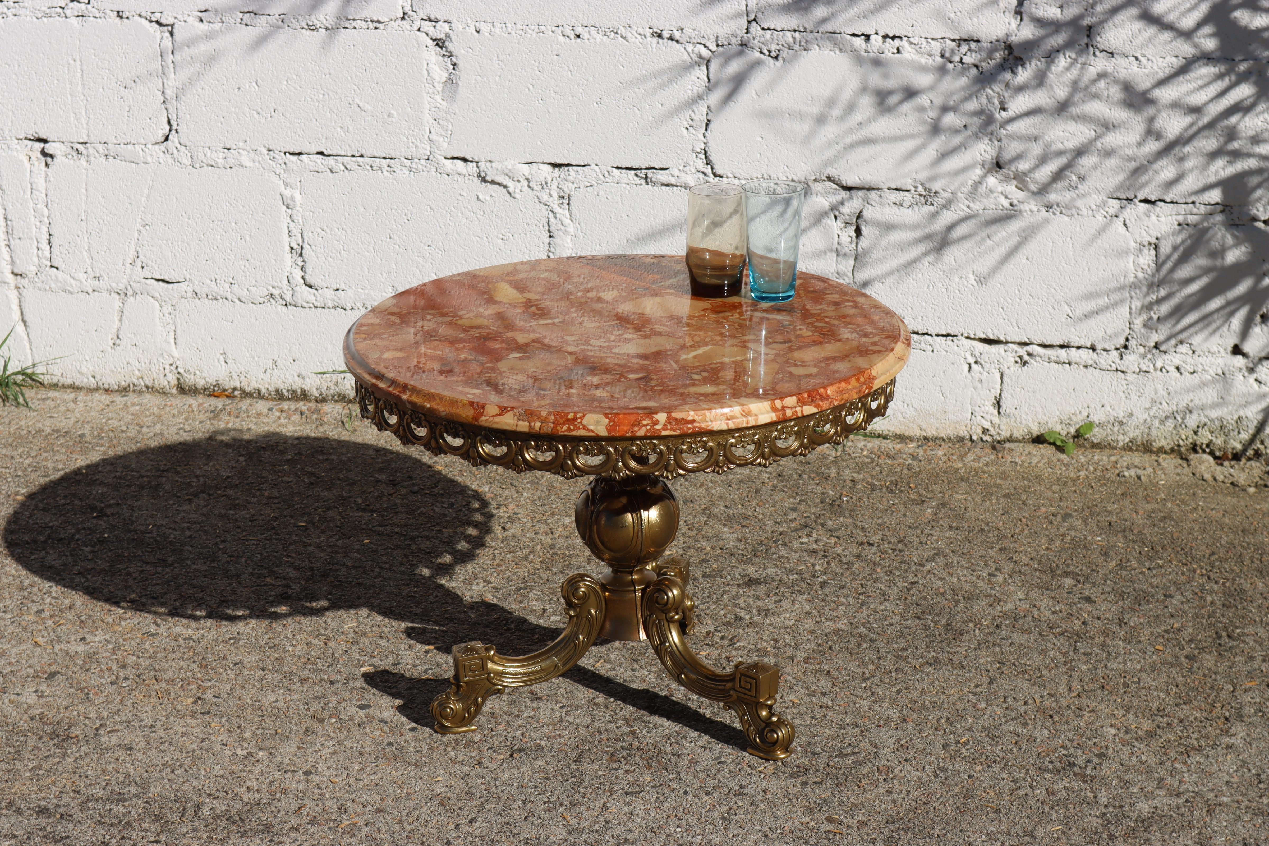 French Vintage round Marble & Brass Coffee Table-Cocktail Table-Lounge Table-70s 4