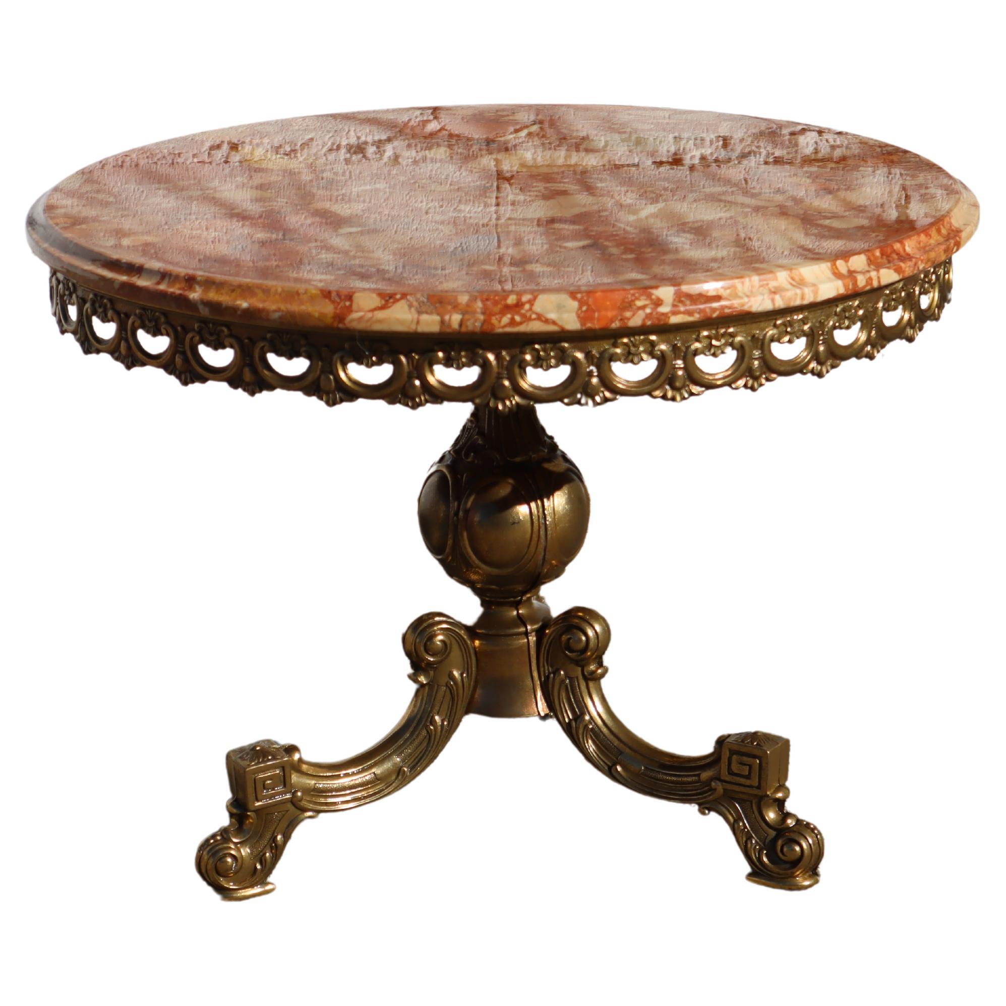 French Vintage round Marble & Brass Coffee Table-Cocktail Table-Lounge Table-70s