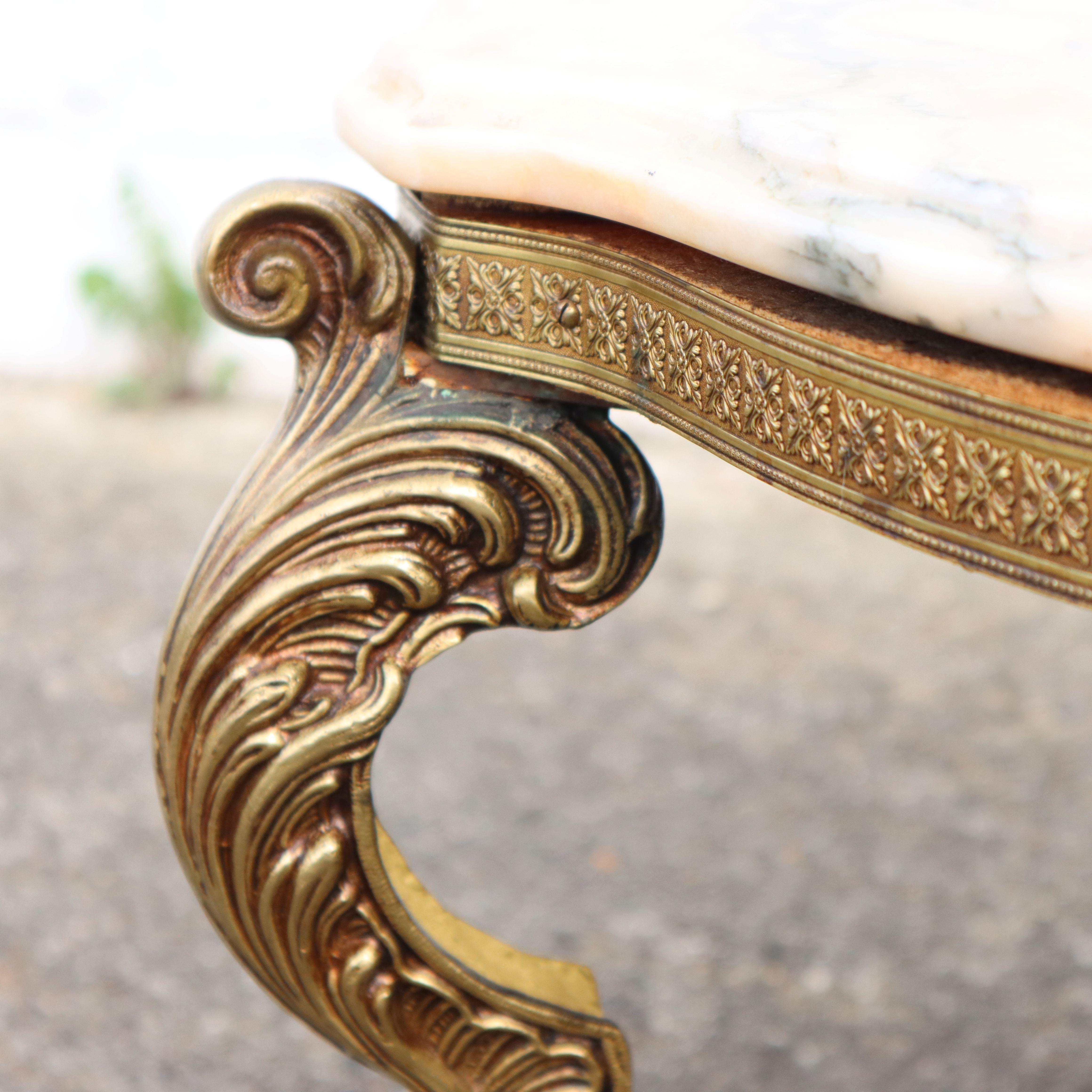 French Vintage round Marble Brass Coffee Table-Lounge Table-Style Louis XV-60s 6