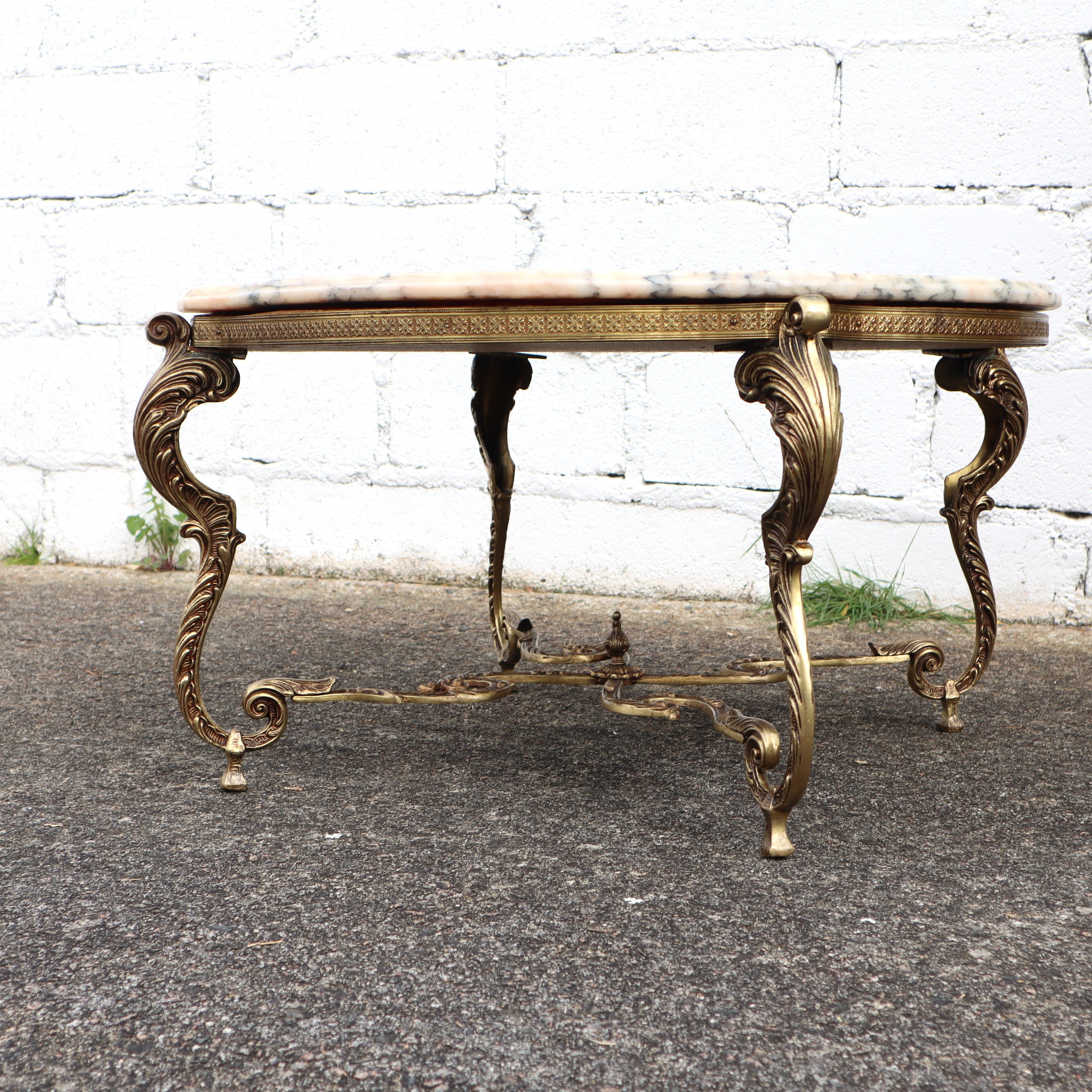 French Vintage round Marble Brass Coffee Table-Lounge Table-Style Louis XV-60s 9