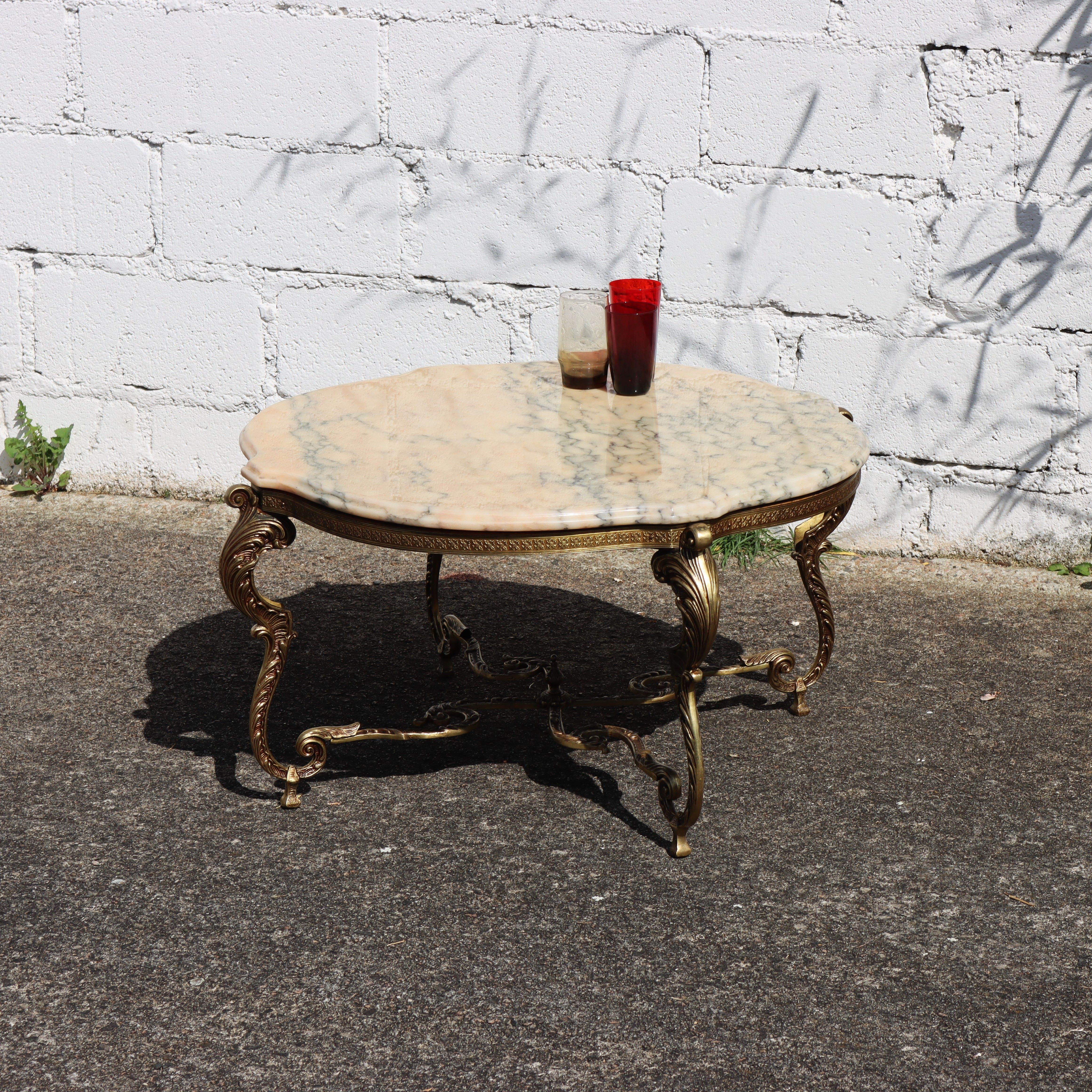 Summer Sale: Enjoy FREE IN-HOME delivery to France and special Shipping Offers for many other Countries.

Authentic French Vintage Onyx Marble Brass Coffee Table -Vintage Coctail Table-round Lounge Table-Style Louis XV from the 60s
Massive big