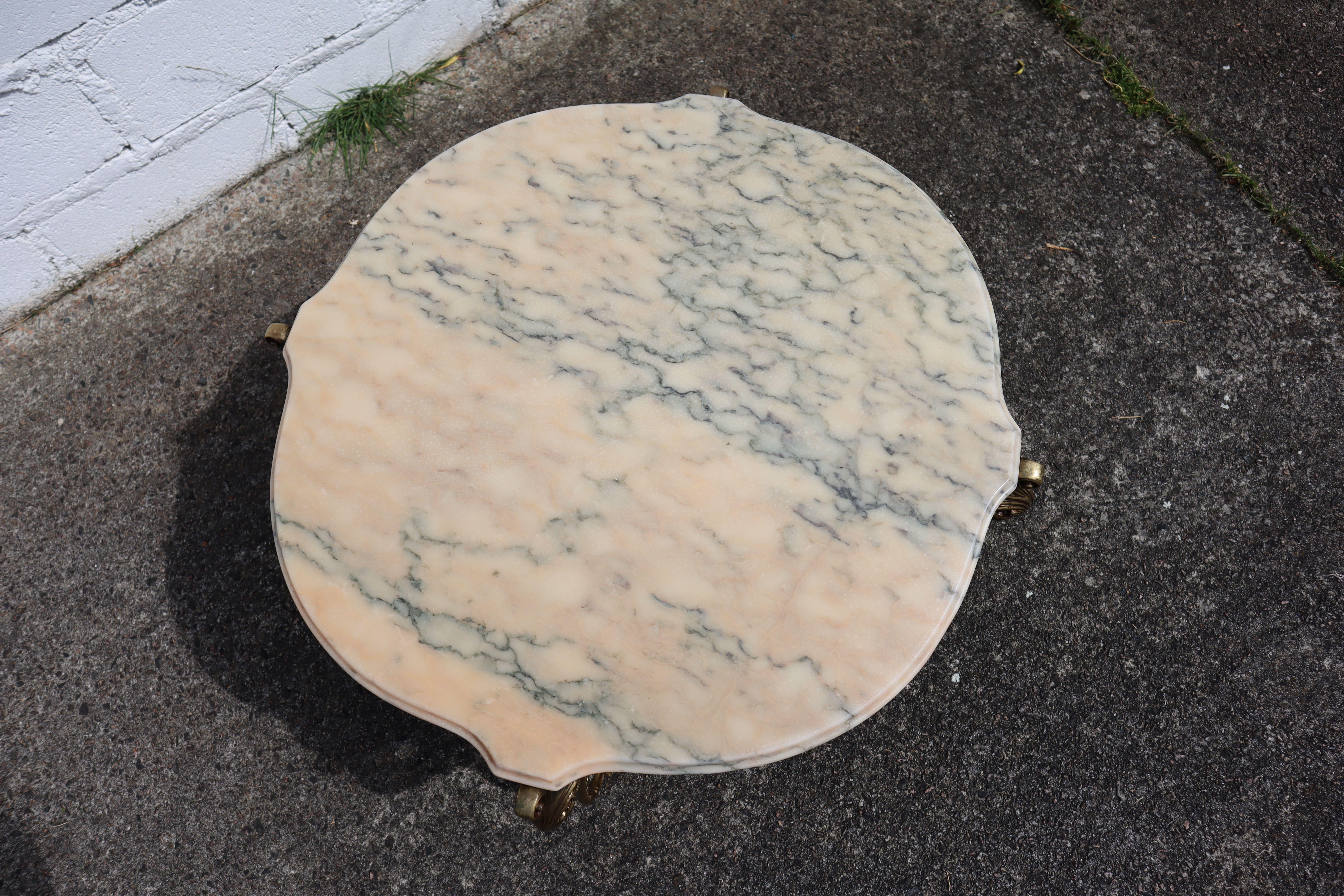 Cast French Vintage round Marble Brass Coffee Table-Lounge Table-Style Louis XV-60s