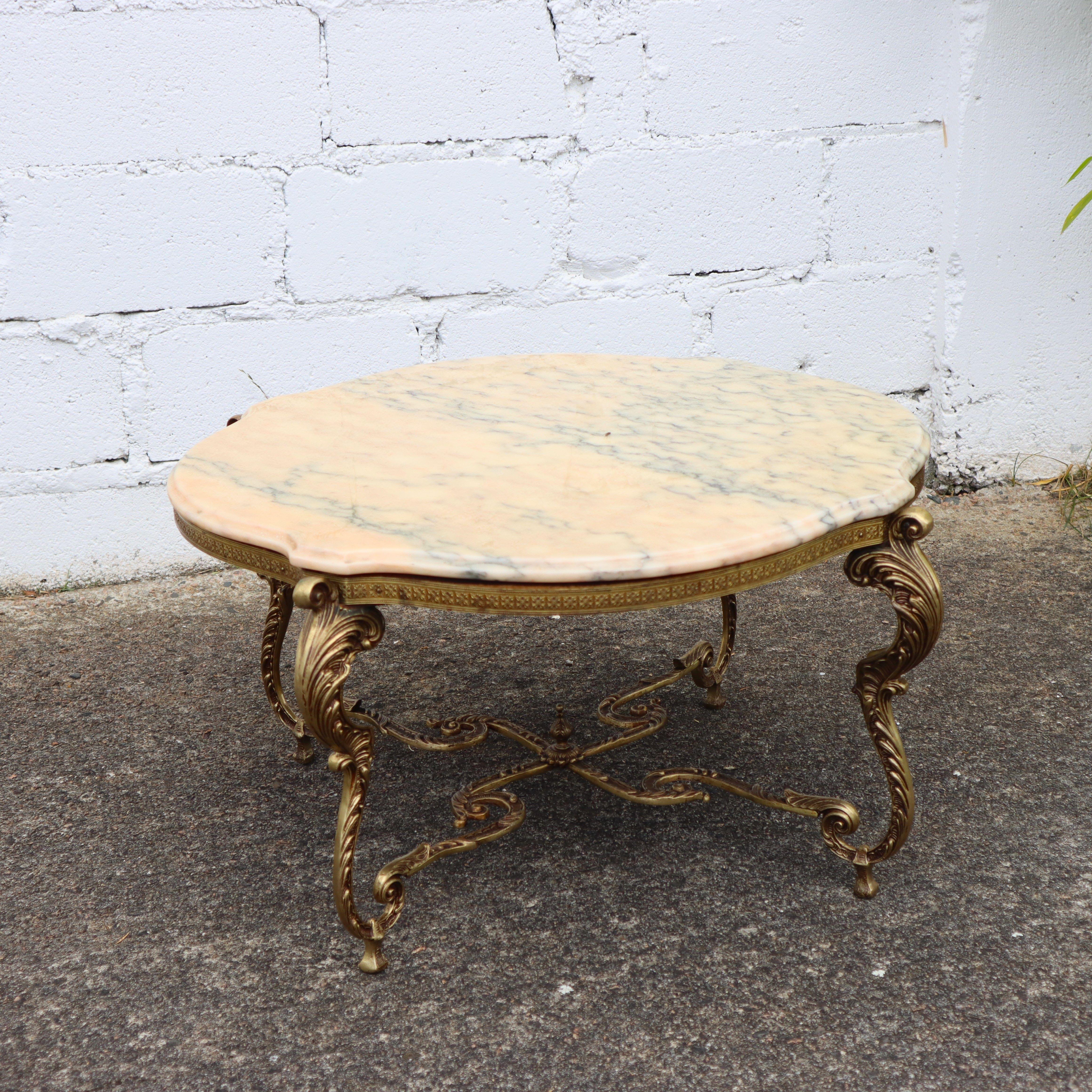 French Vintage round Marble Brass Coffee Table-Lounge Table-Style Louis XV-60s 1