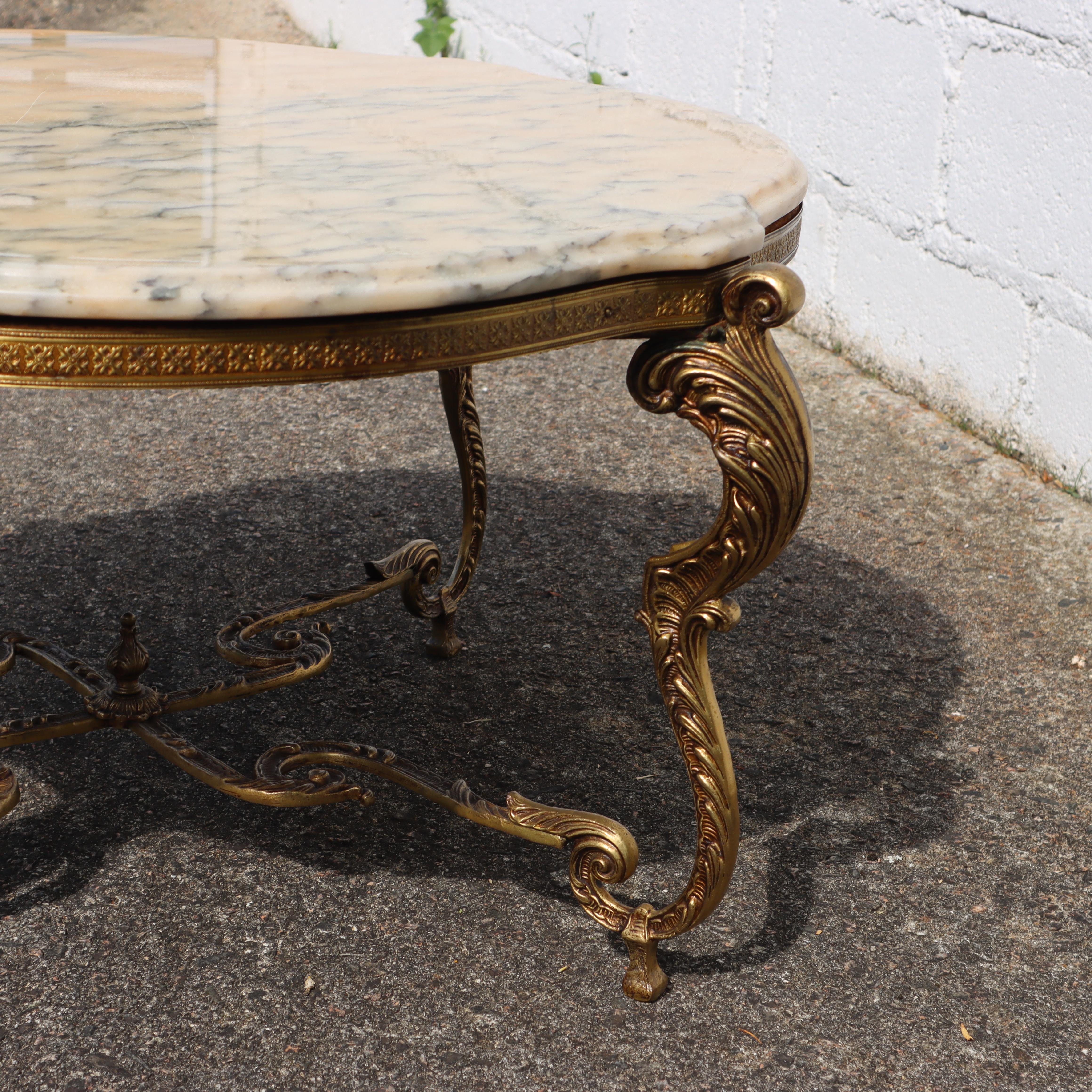 French Vintage round Marble Brass Coffee Table-Lounge Table-Style Louis XV-60s 2