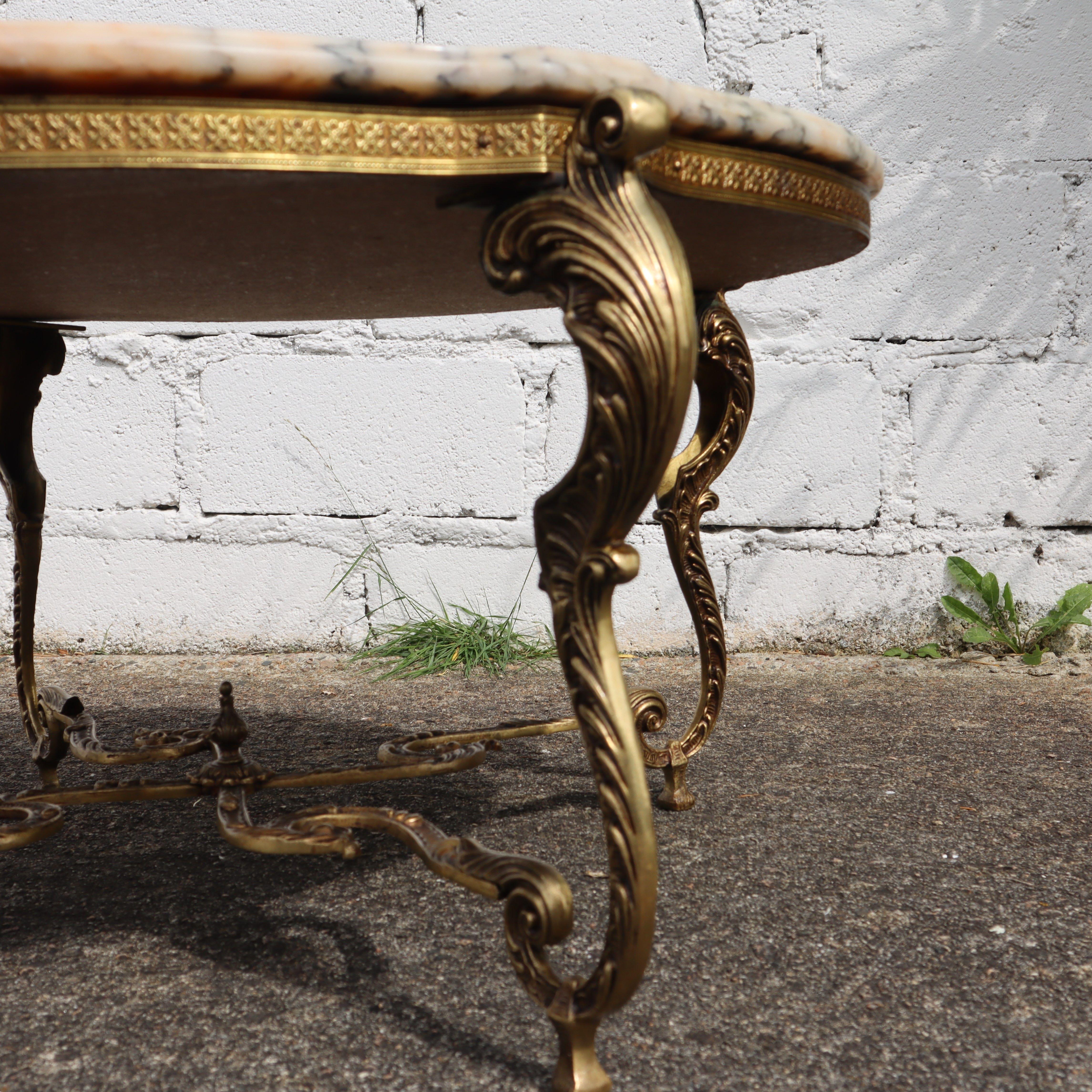 French Vintage round Marble Brass Coffee Table-Lounge Table-Style Louis XV-60s 3