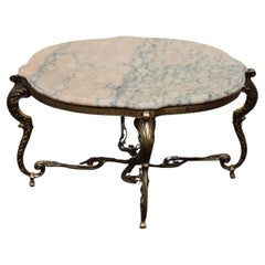 French Vintage round Marble Brass Coffee Table-Lounge Table-Style Louis XV-60s