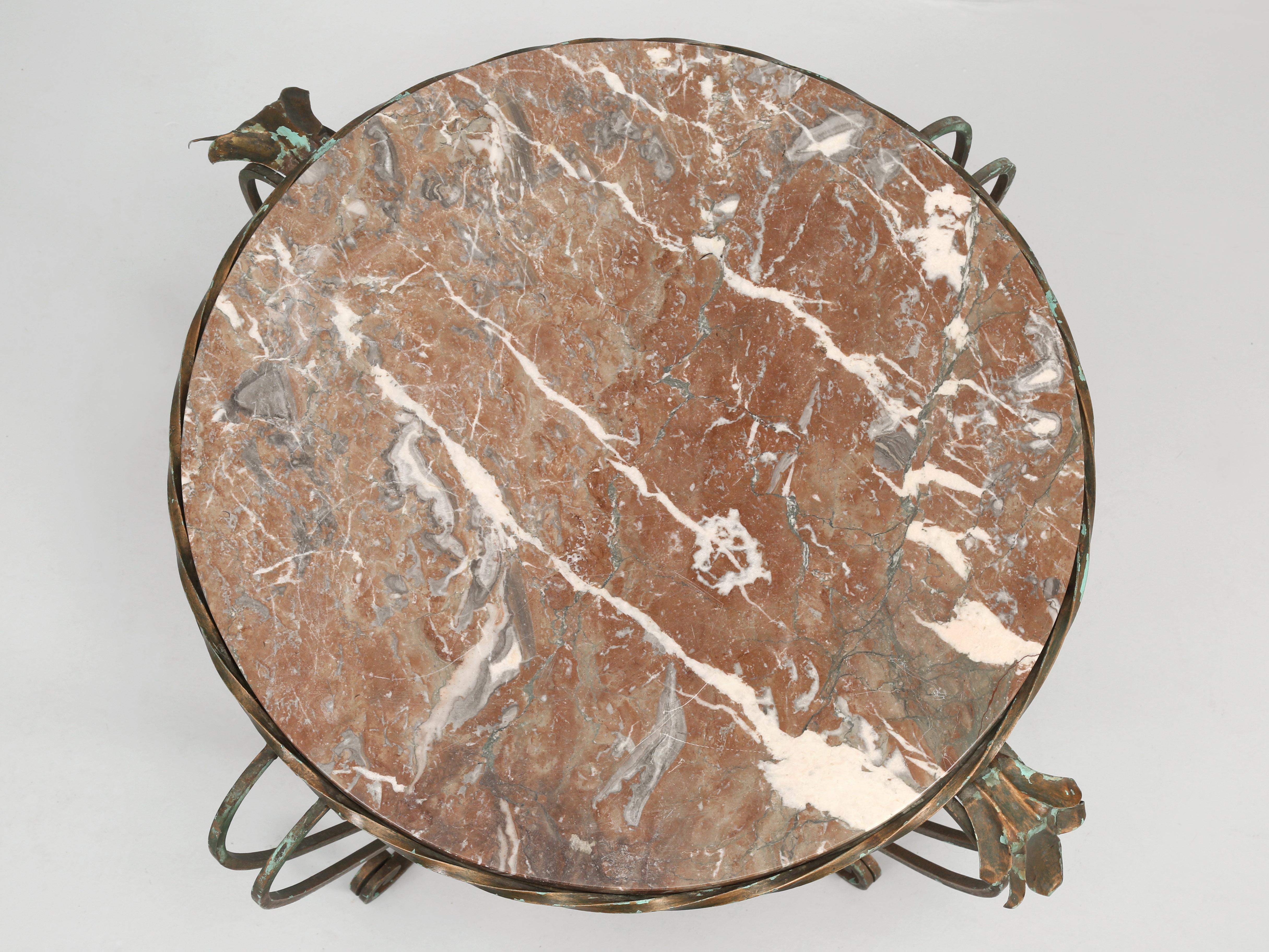 Art Deco French Vintage Round Side or End Table in Gold Plated Aged Bronze Marble Top For Sale