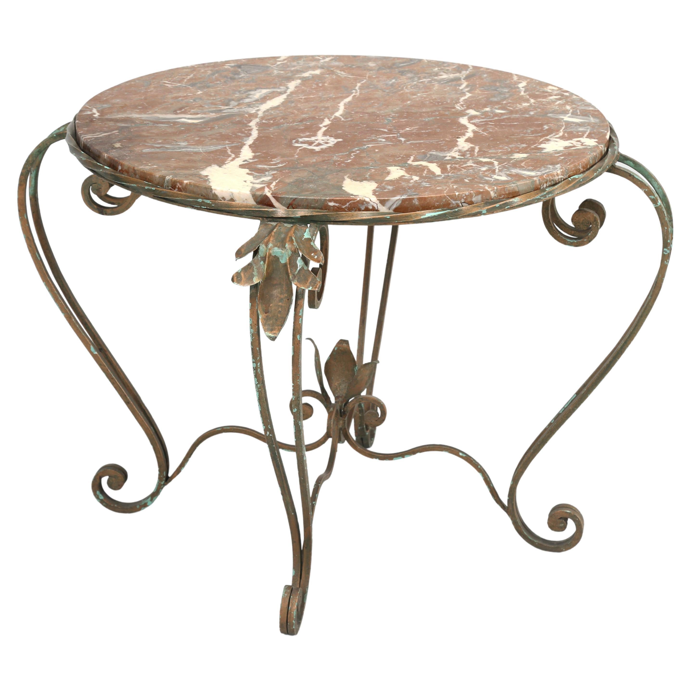 French Vintage Round Side or End Table in Gold Plated Aged Bronze Marble Top For Sale