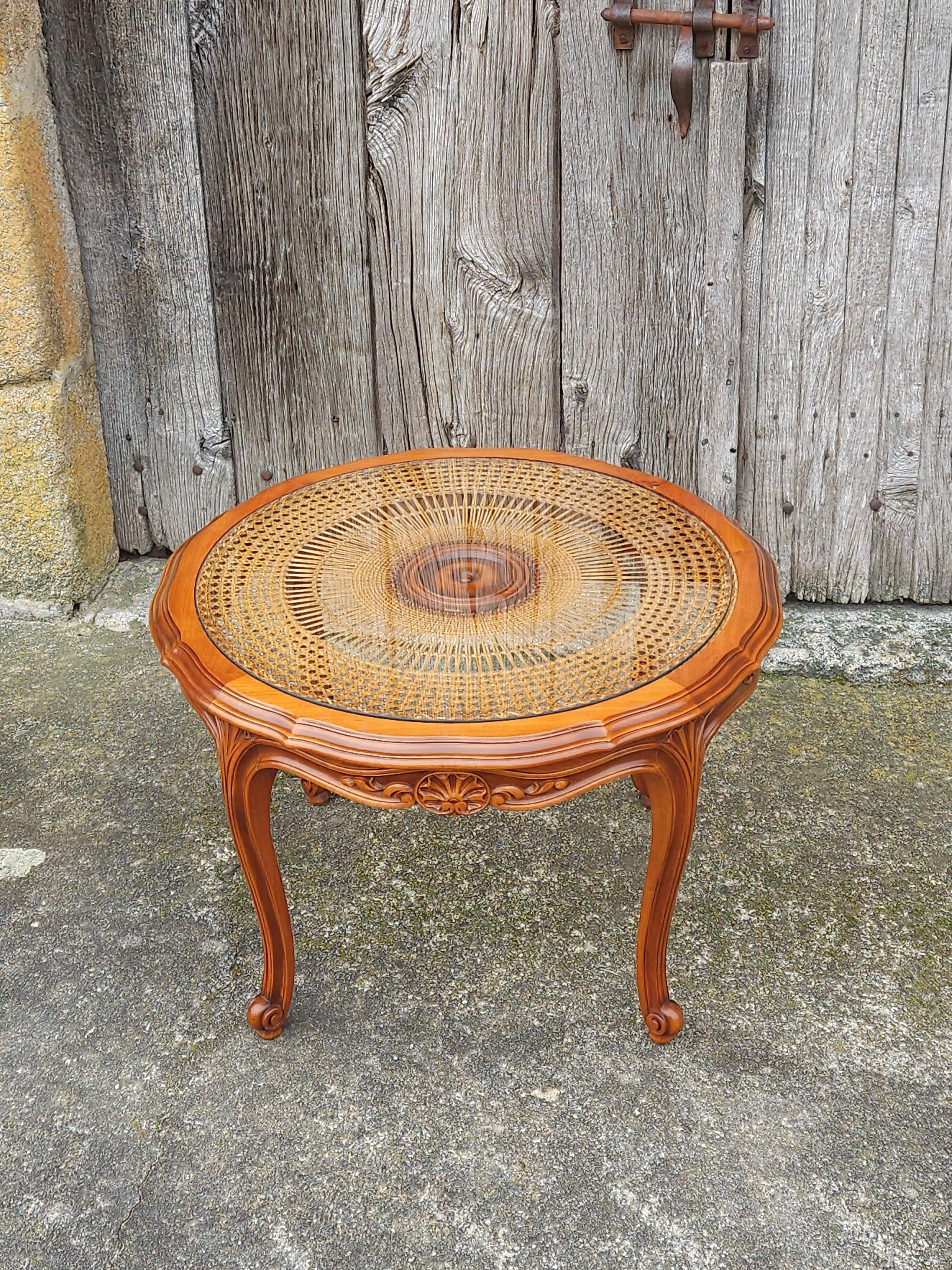 Carved French Vintage Round Wooden Glass Rattan Coffee Table-Side Table-Style Louis XV