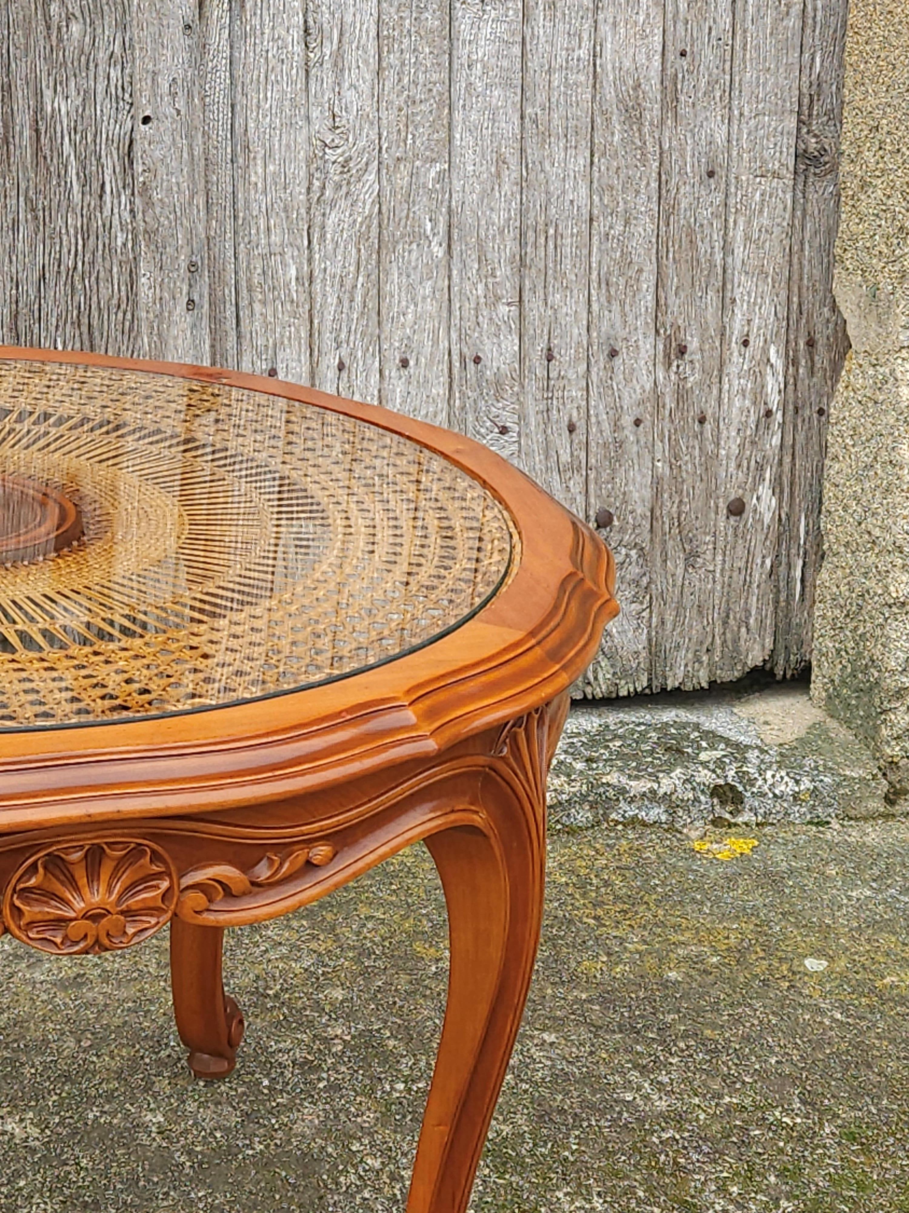 French Vintage Round Wooden Glass Rattan Coffee Table-Side Table-Style Louis XV 2