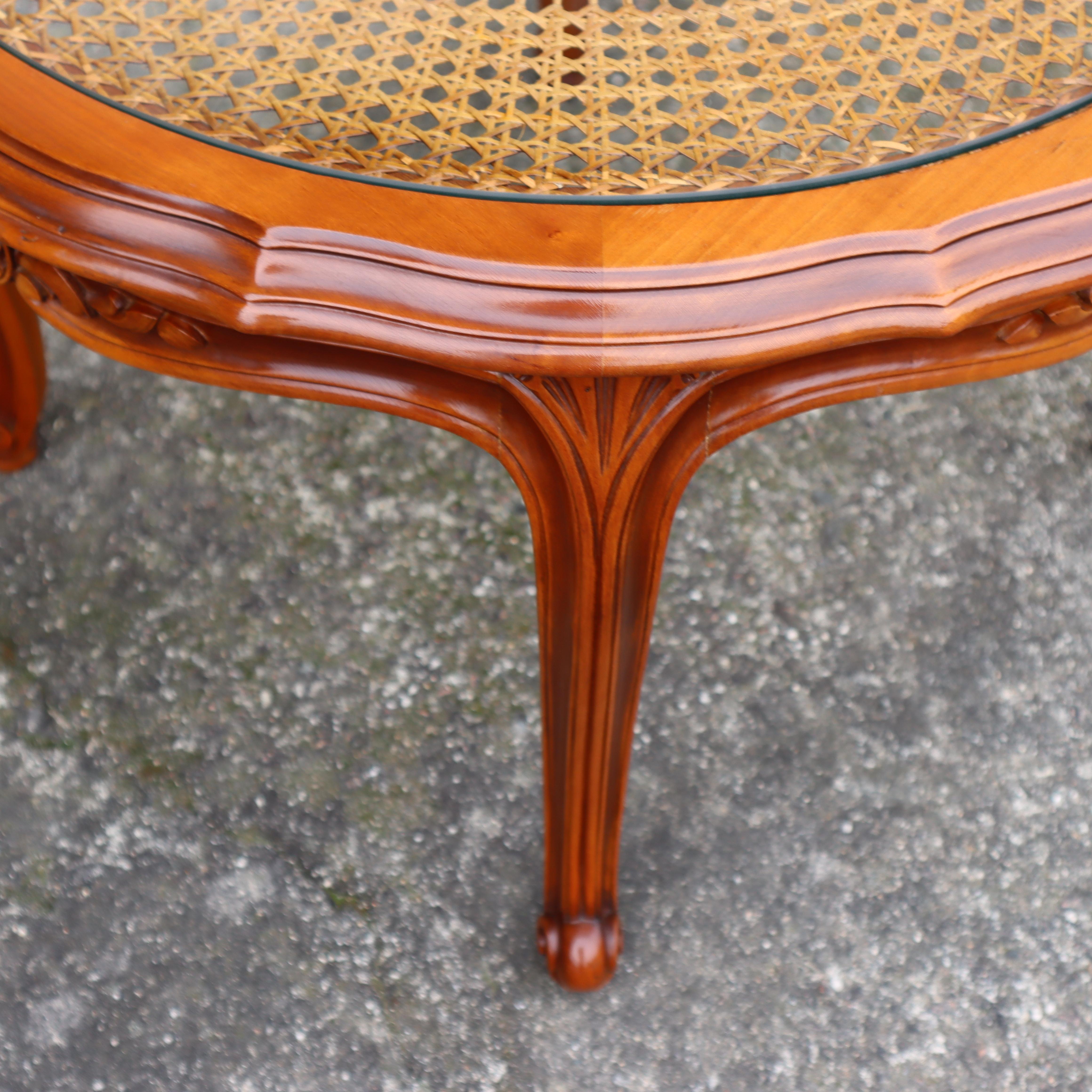 French Vintage Round Wooden Glass Rattan Coffee Table-Side Table-Style Louis XV 3