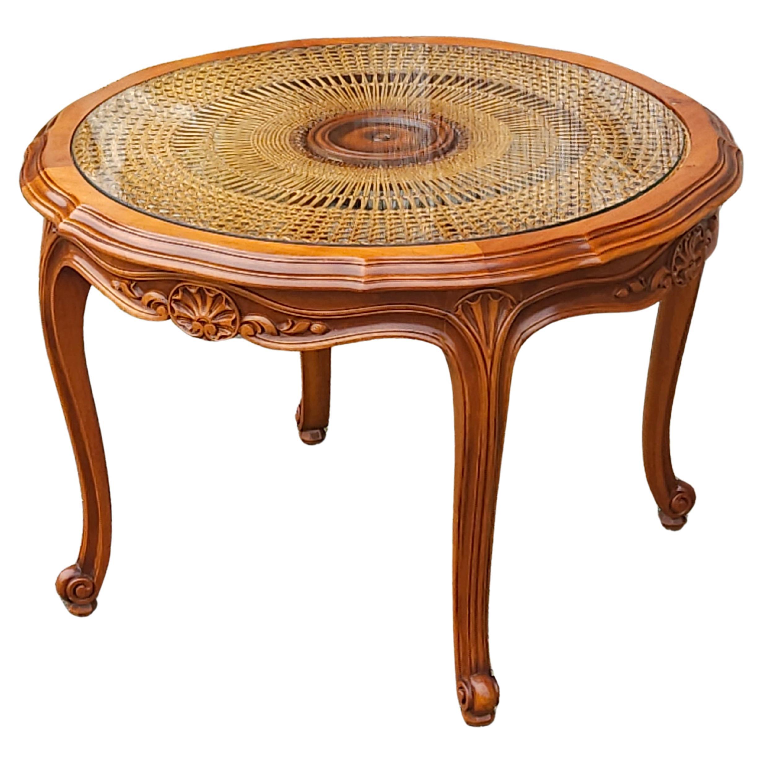 French Vintage Round Wooden Glass Rattan Coffee Table-Side Table-Style Louis XV