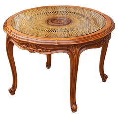 French Vintage Round Wooden Glass Rattan Coffee Table-Side Table-Style Louis XV