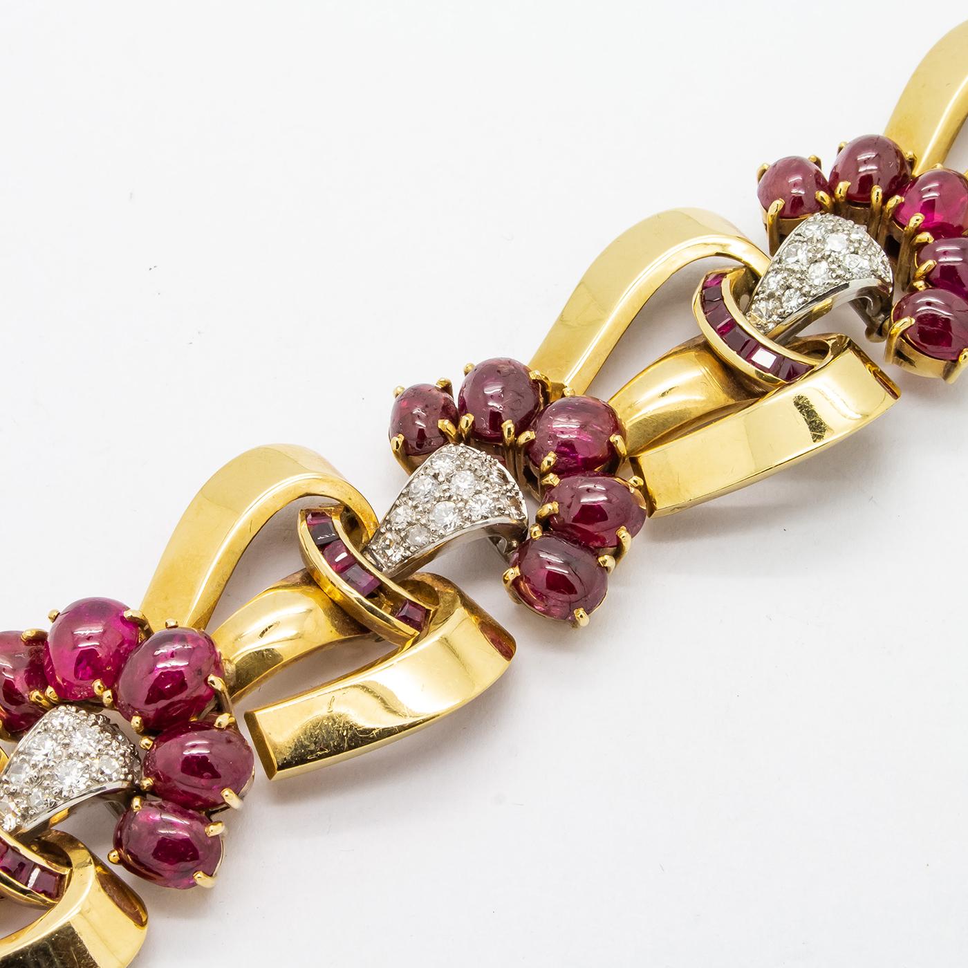 Französisches Vintage-Armband mit Rubinen, Diamanten und Gold, um 1947 Damen im Angebot