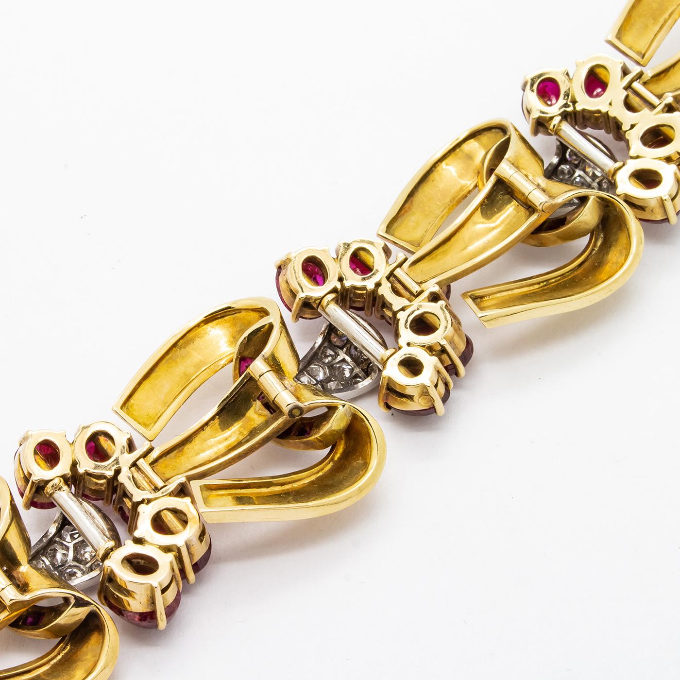 Women's French Vintage Ruby, Diamond and Gold Bracelet, circa 1947 For Sale