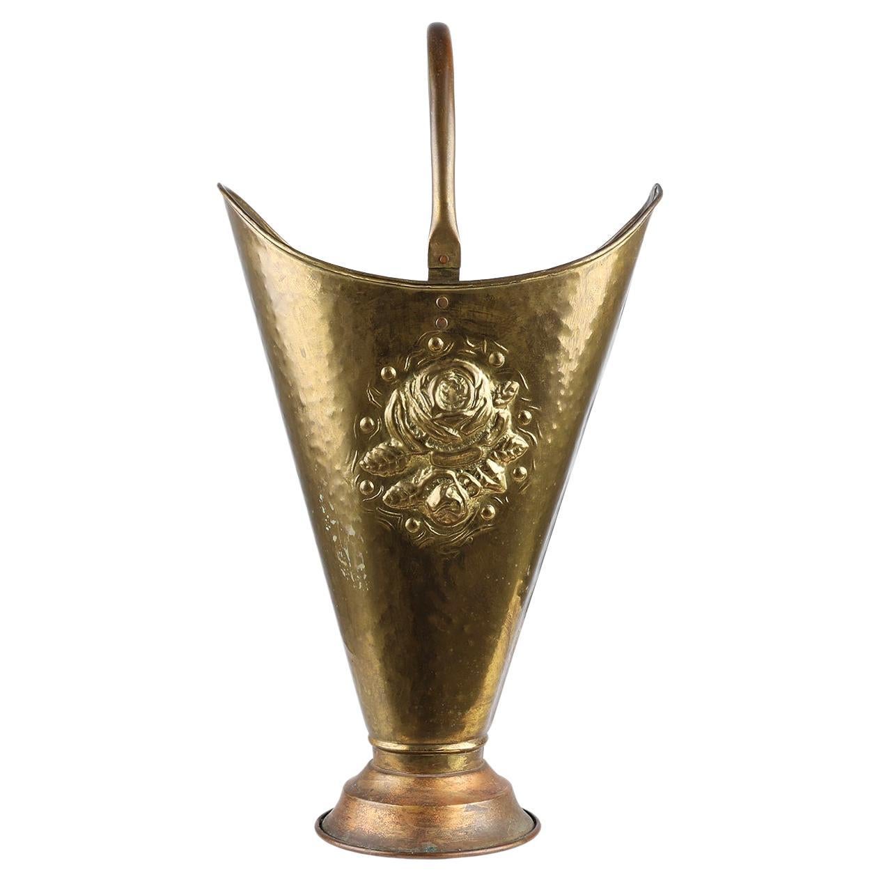 French vintage rustic brass and copper base umbrella stand with embossed decorat