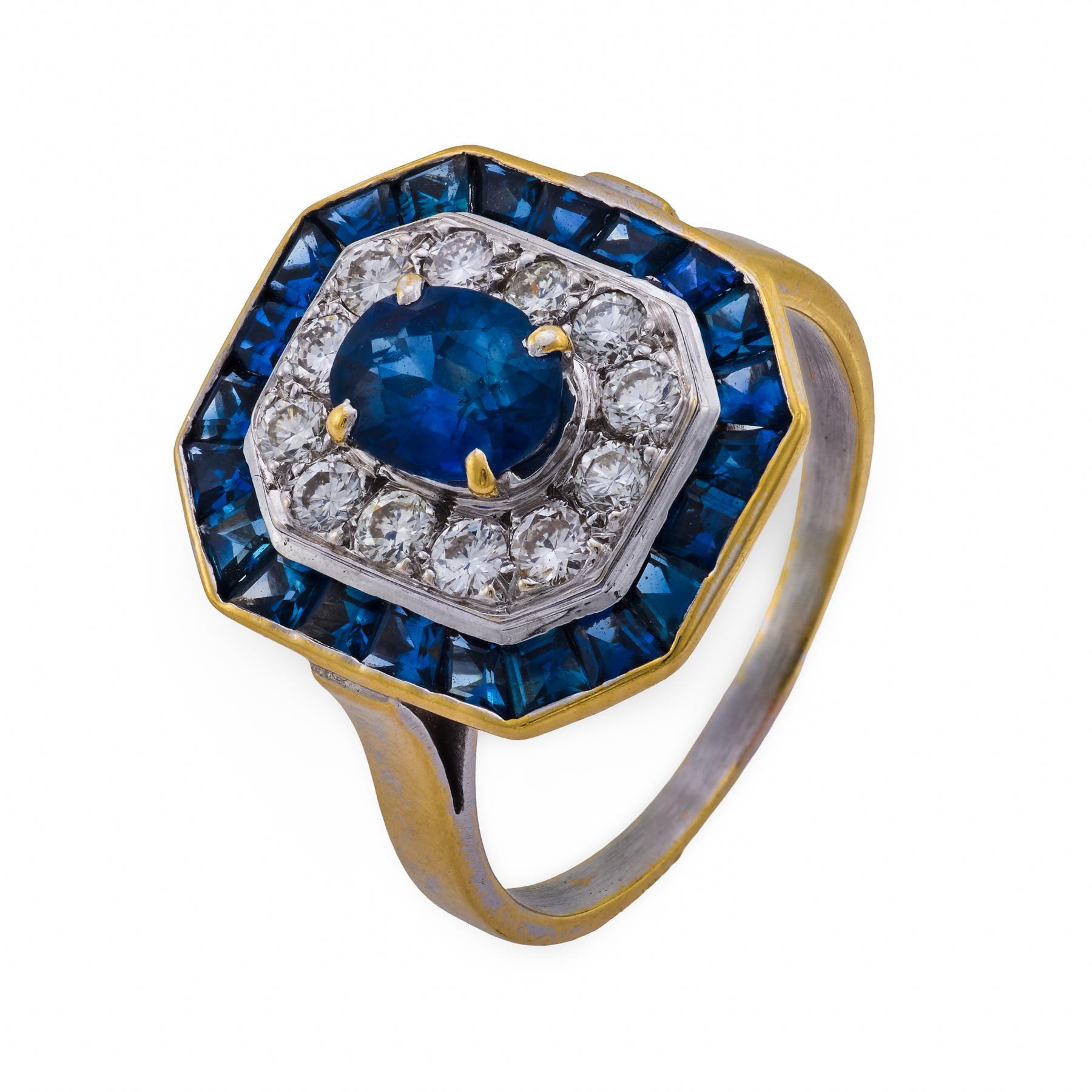 Anello vintage francese con zaffiro e diamante in oro giallo e bianco 18 carati con aureola