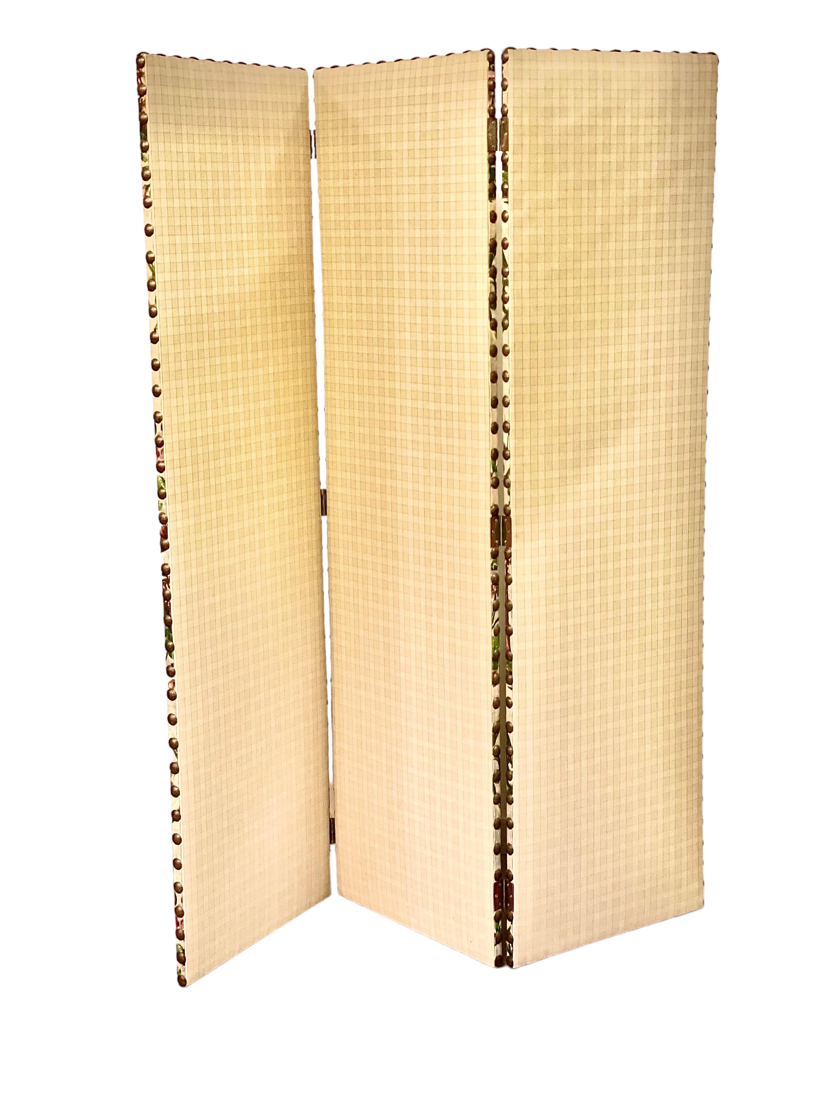 Fabric French Vintage Screen Divider with Three Panels For Sale