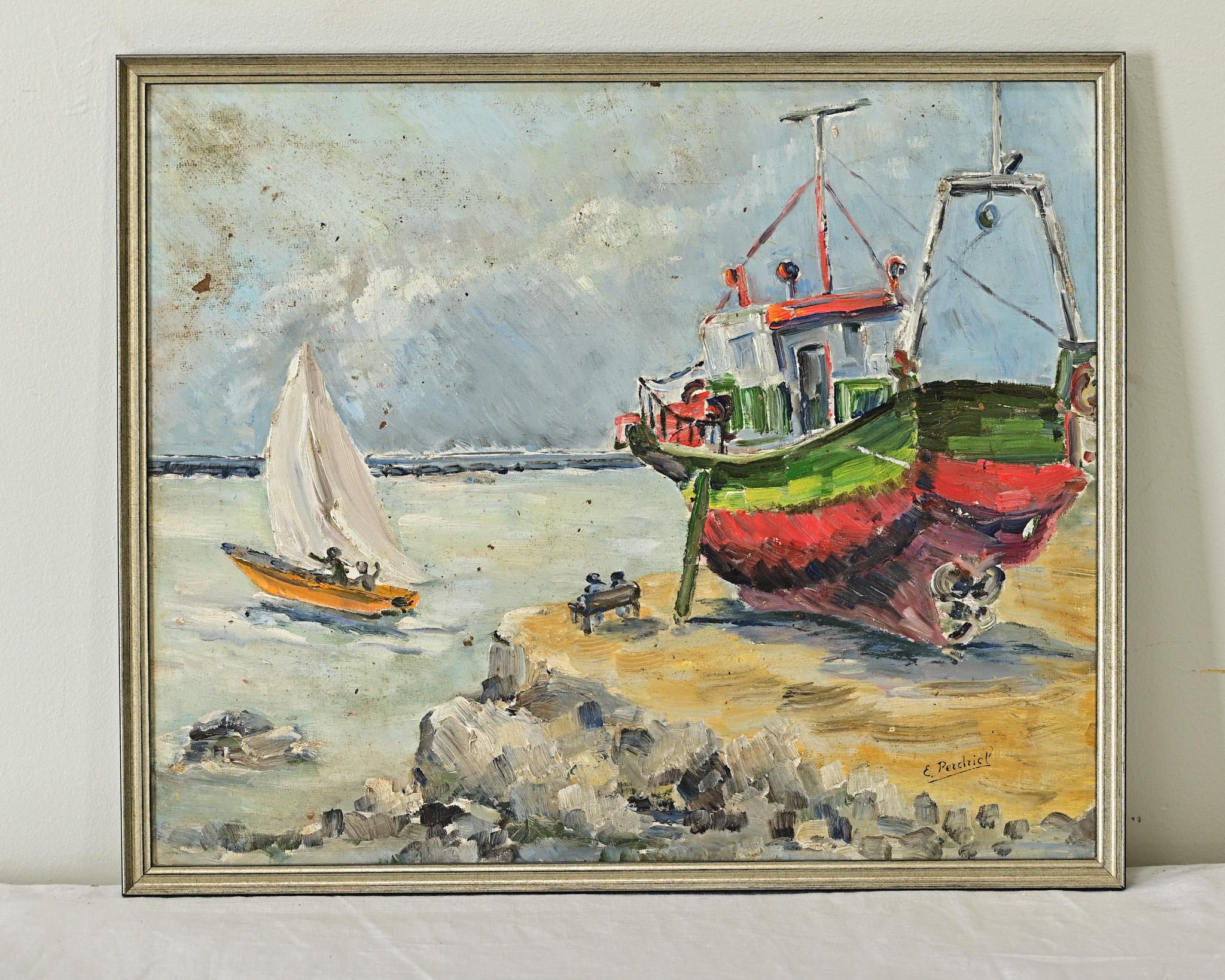 Dipinto d'epoca francese a olio su tavola di un paesaggio costiero, questa scena colorata e commovente è dominata da un vecchio peschereccio appollaiato su una scogliera a picco sul mare. Una coppia seduta su una panchina vicina osserva la partenza