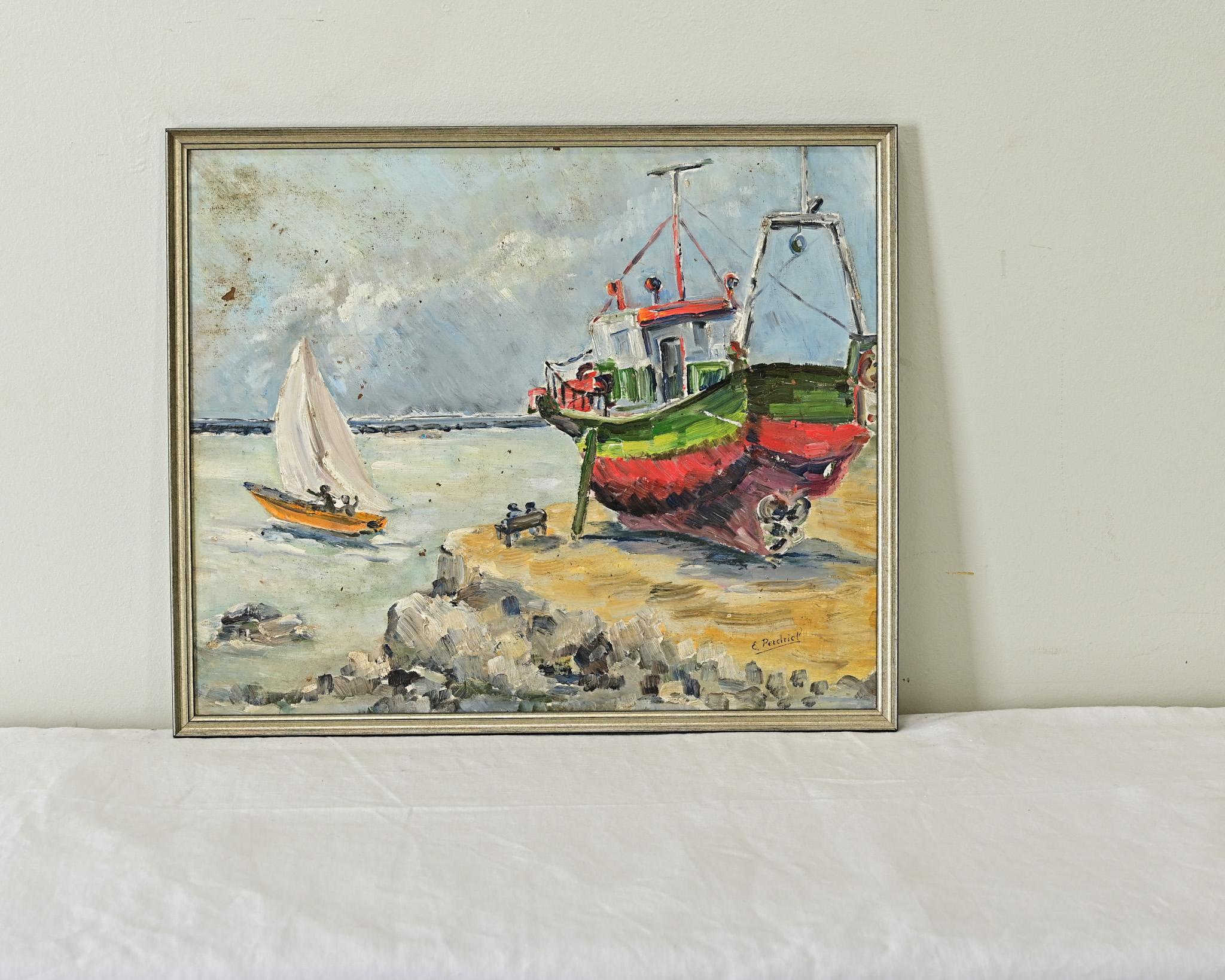 Moderno Quadro olio su pannello francese d'epoca in riva al mare in vendita