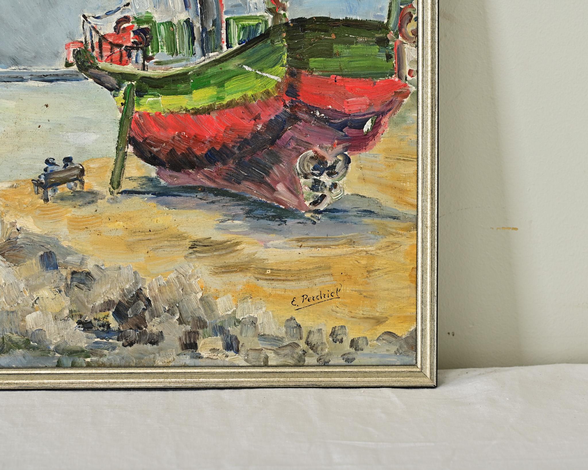 Francese Quadro olio su pannello francese d'epoca in riva al mare in vendita