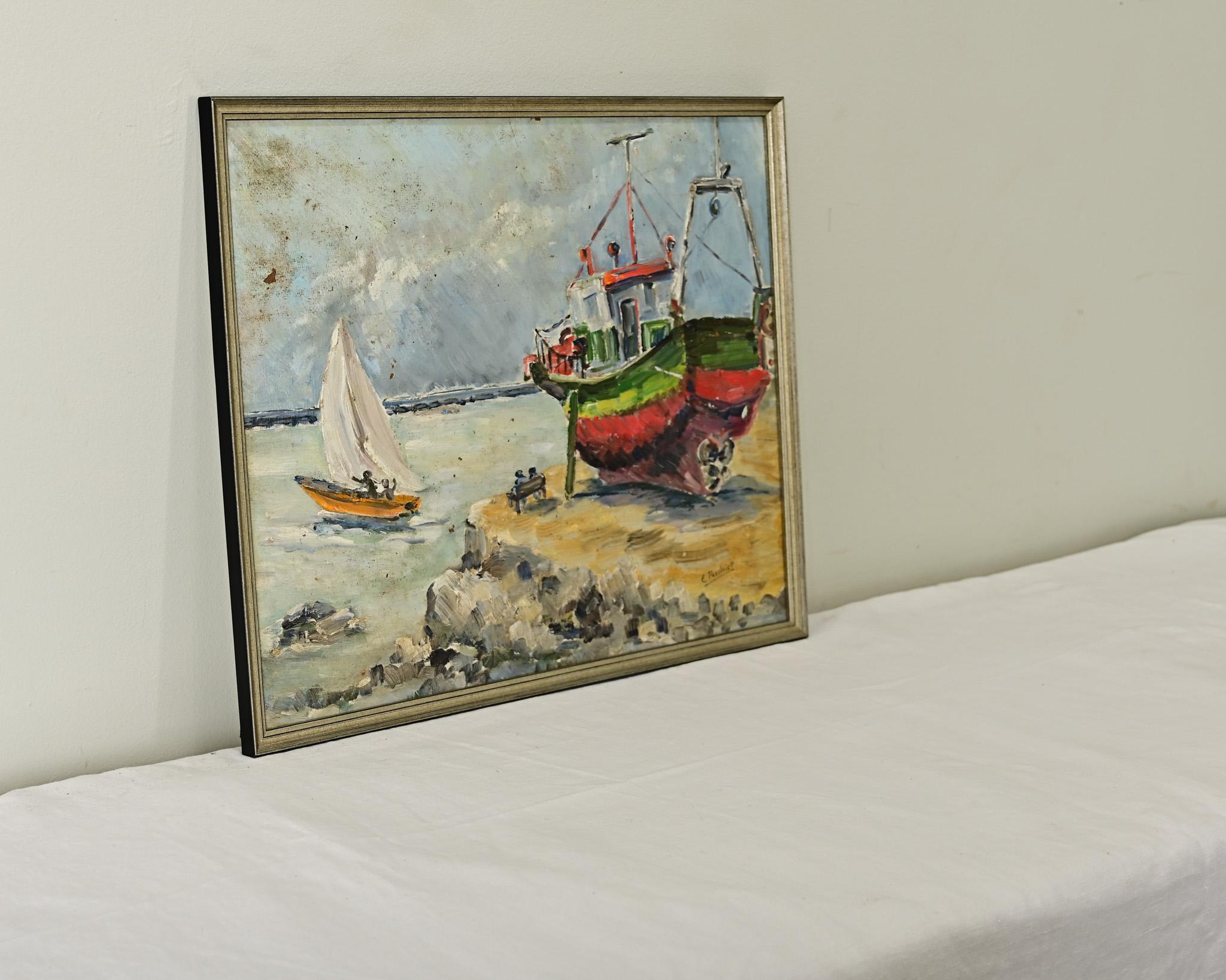 Dipinto Quadro olio su pannello francese d'epoca in riva al mare in vendita