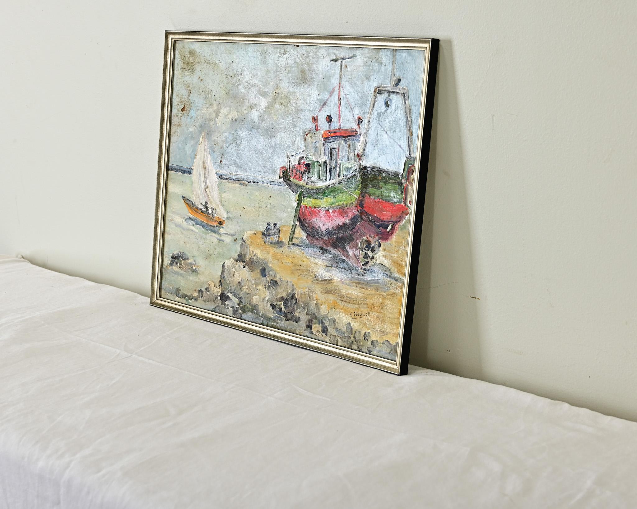 Quadro olio su pannello francese d'epoca in riva al mare In condizioni buone in vendita a Baton Rouge, LA