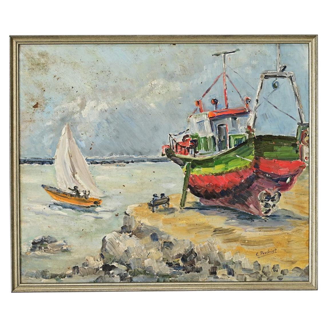 Cuadro al óleo sobre tabla de época francesa junto al mar