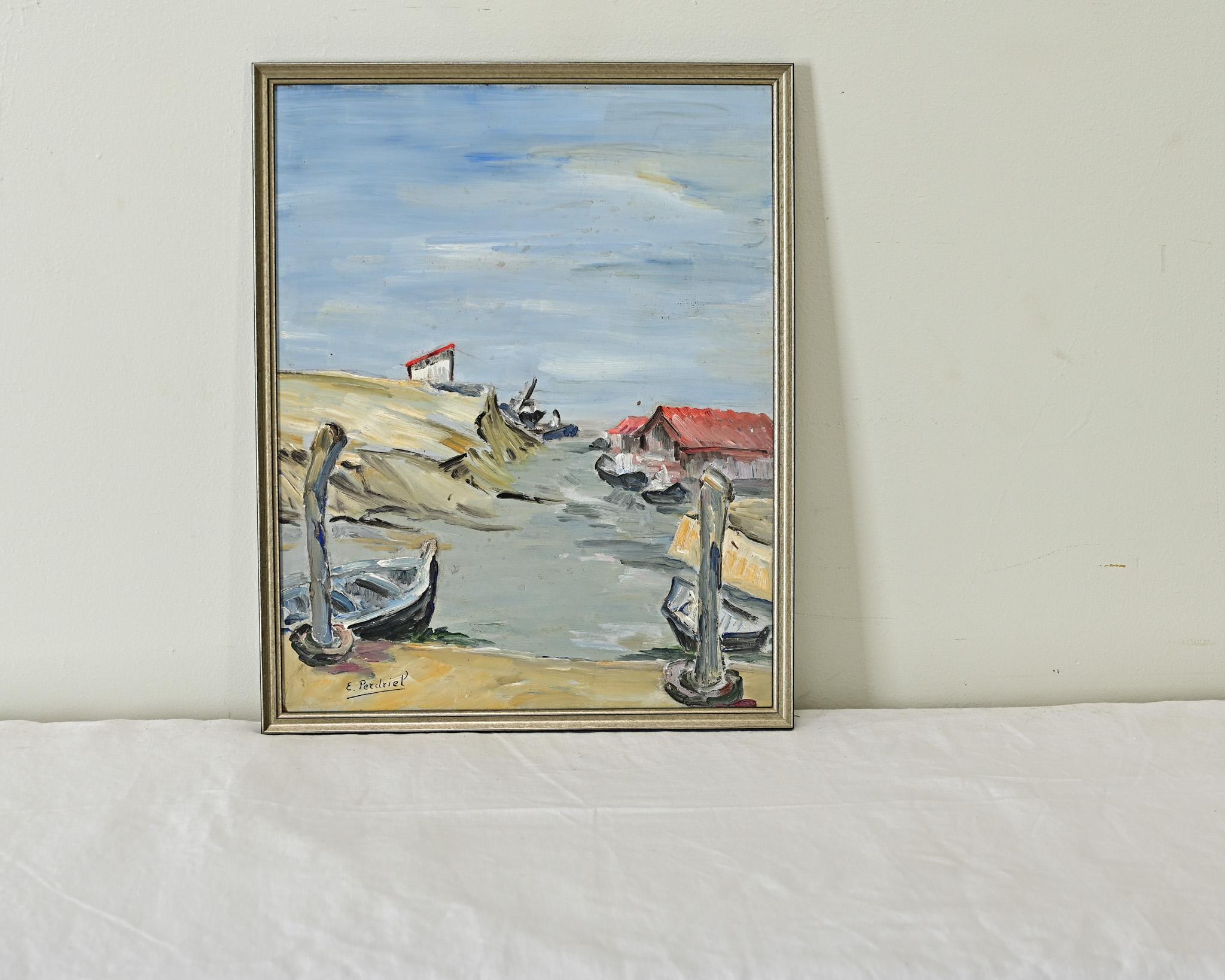 French vintage oil on panel seashore landscape, signed E. Perdriel. The colorful work depicts a thin haze of wispy clouds over a small fishing community punctuated by red roofs against the gray of the sea and sky. The panel has been professionally