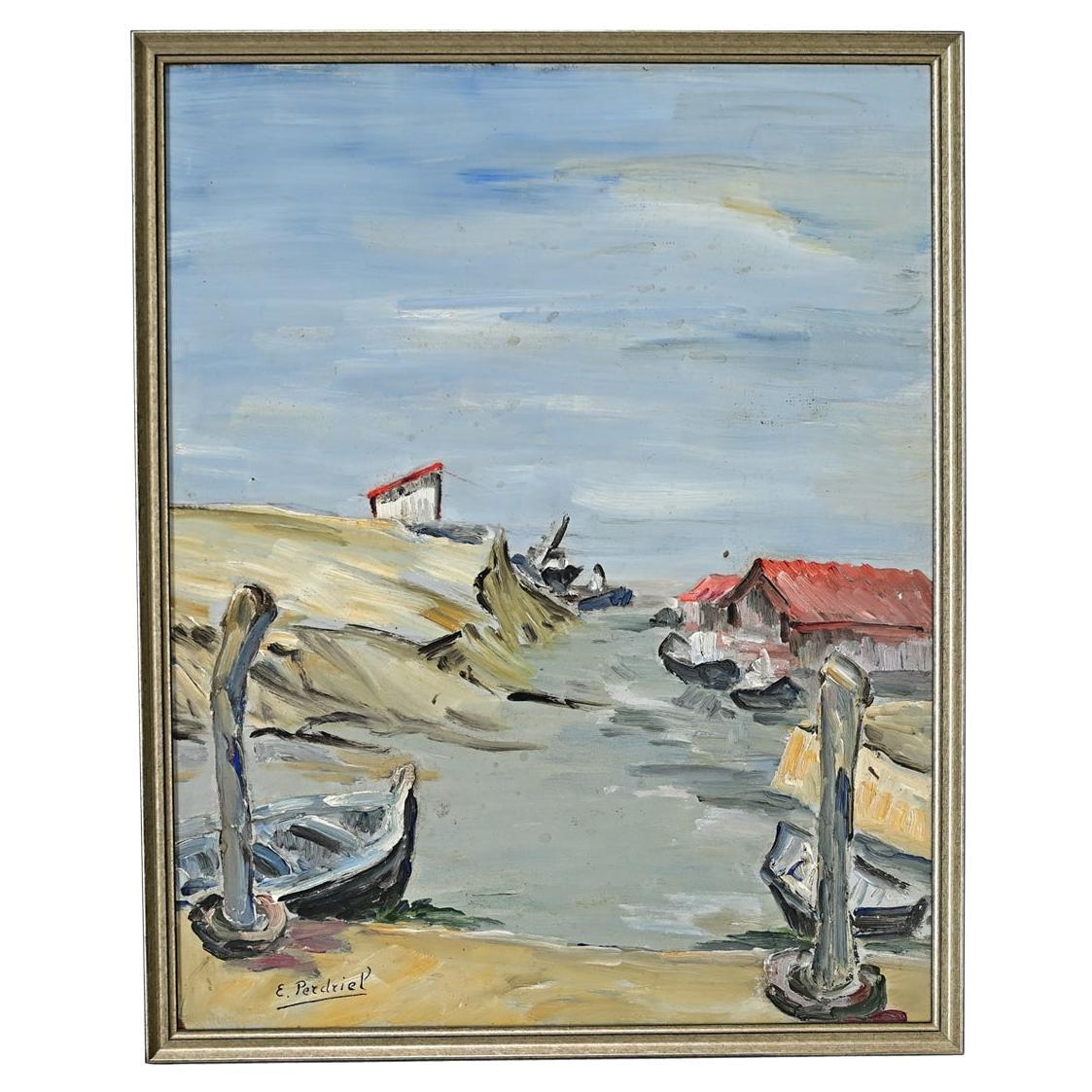 Pintura al óleo francesa vintage junto al mar