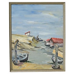 Pintura al óleo francesa vintage junto al mar