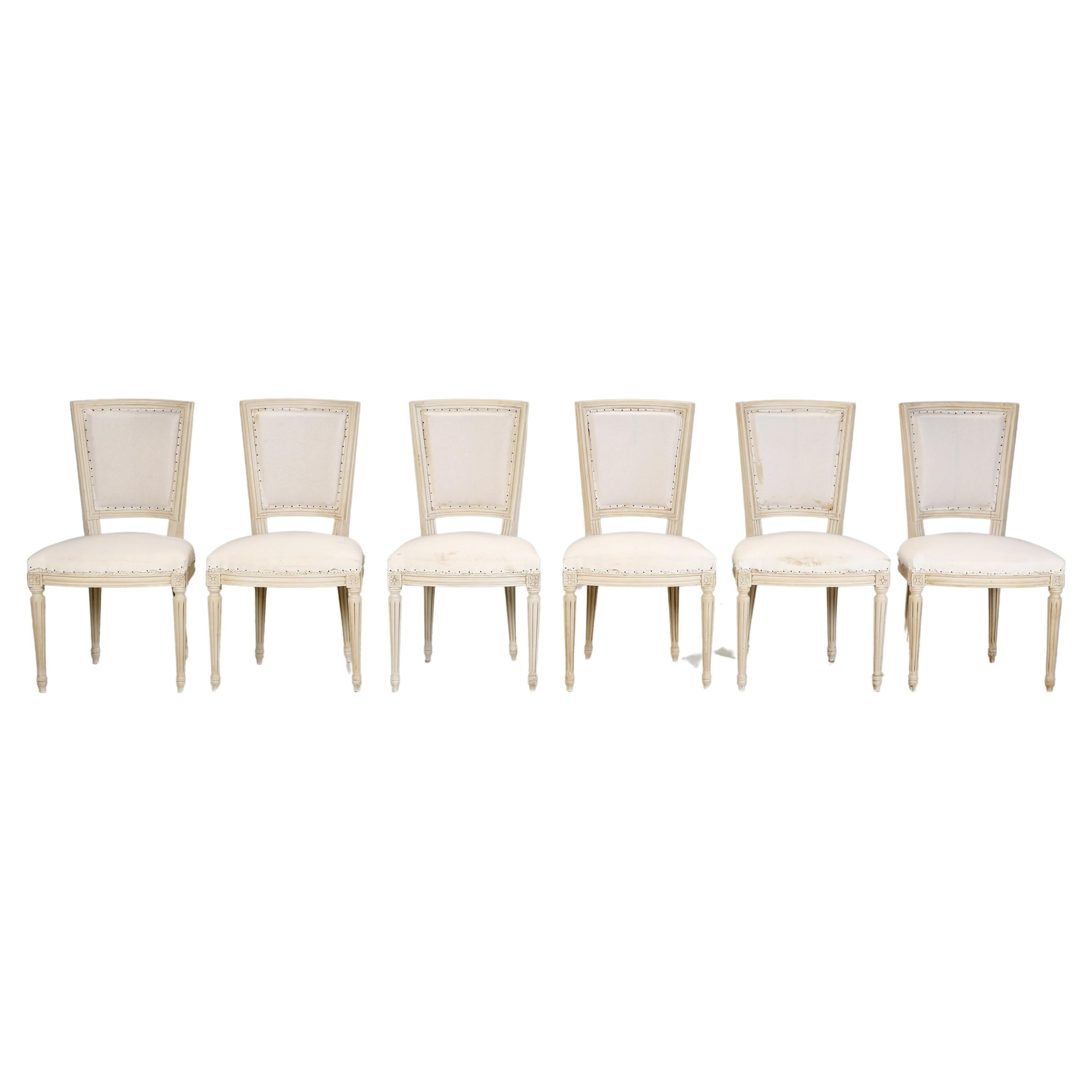 French Vintage Set (6) Louis XVI Style Dining Chairs Original Paint in Muslin