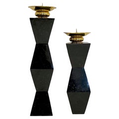 French Vintage Set of 2 Modern Black Lacquer Metal Geometric Cubist Candlesticks