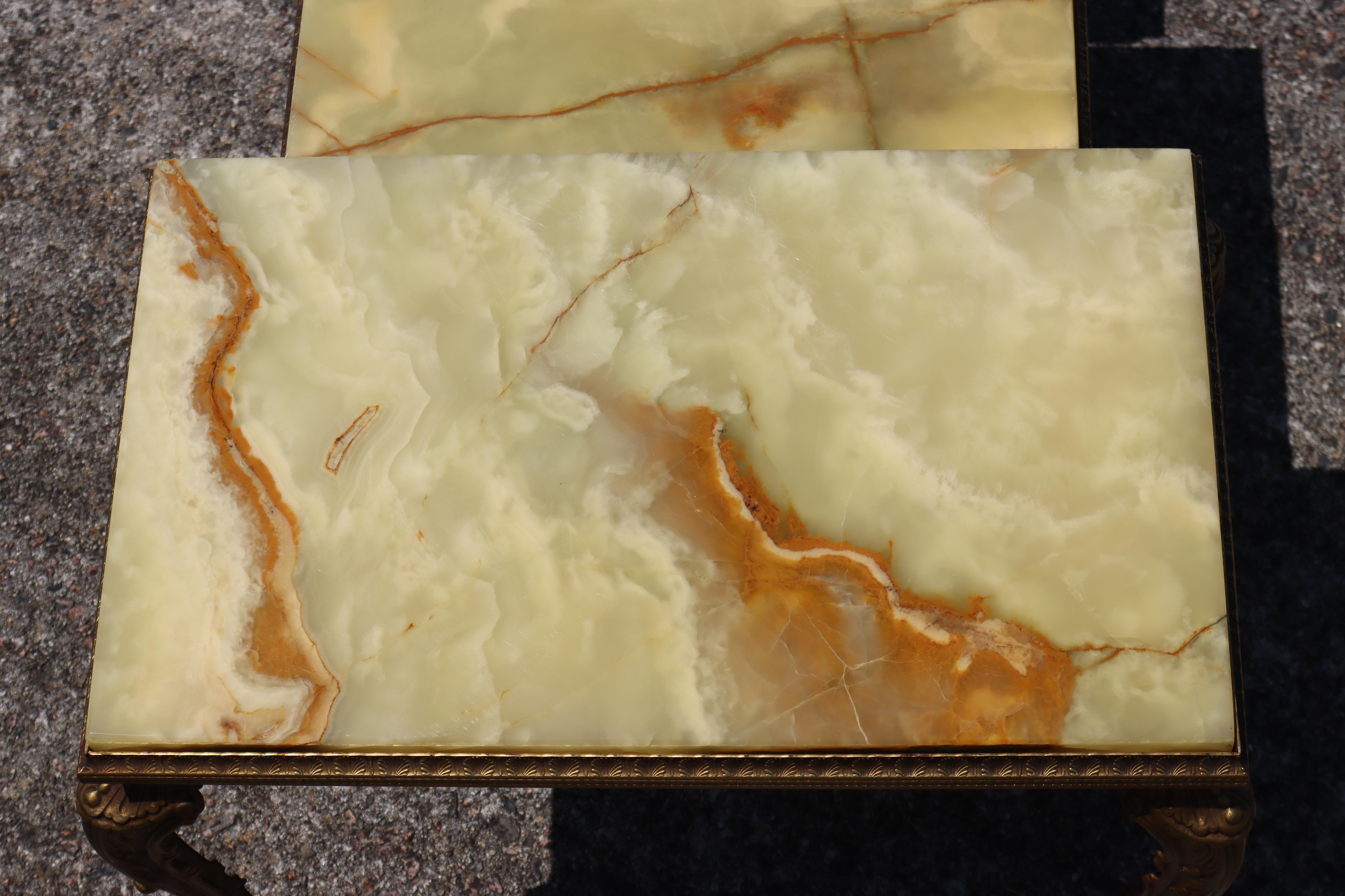 French Vintage Set of 3 Onyx Marble Brass Nesting Tables-Style Louis XV-70s 6