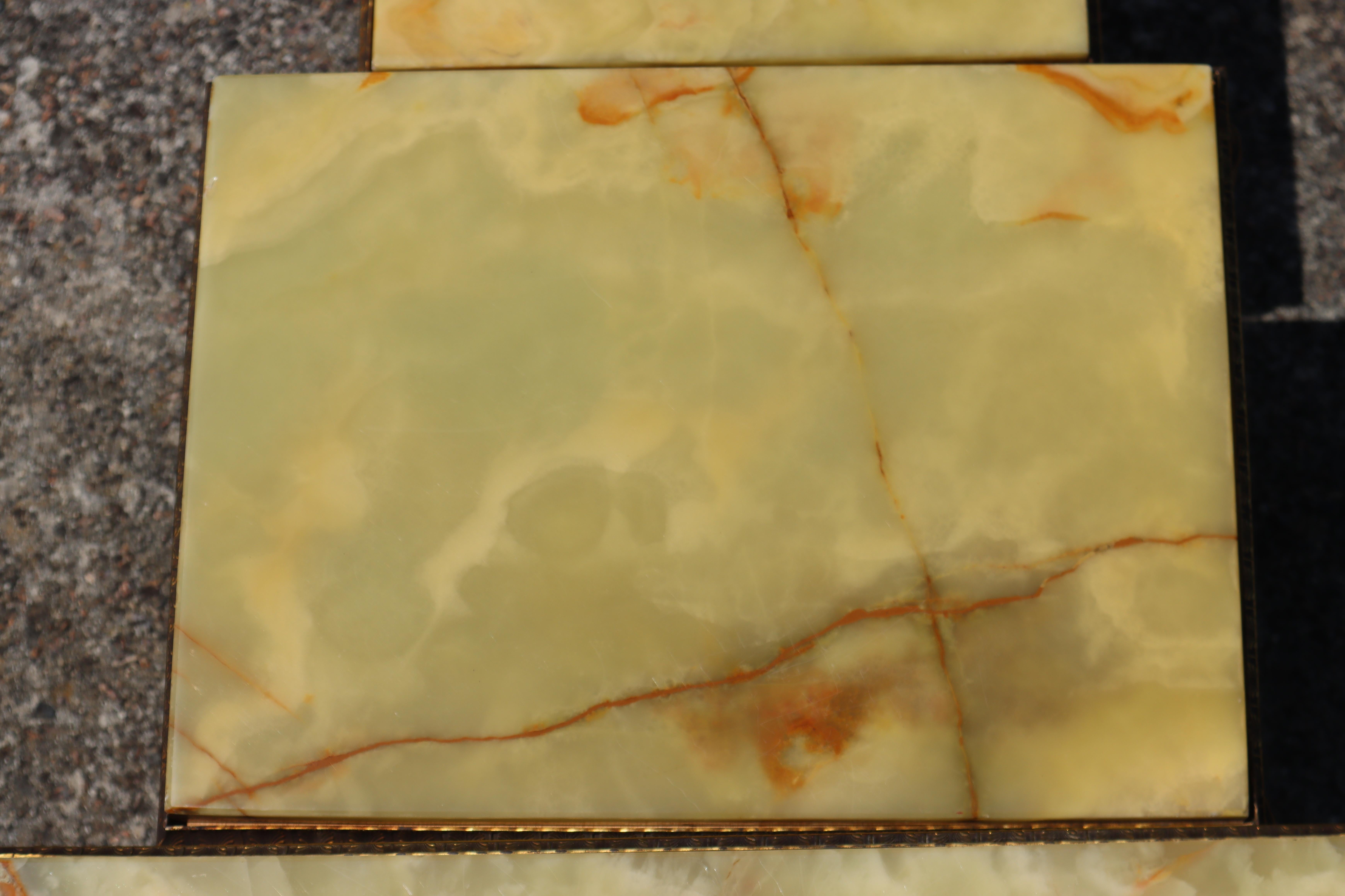 French Vintage Set of 3 Onyx Marble Brass Nesting Tables-Style Louis XV-70s 7