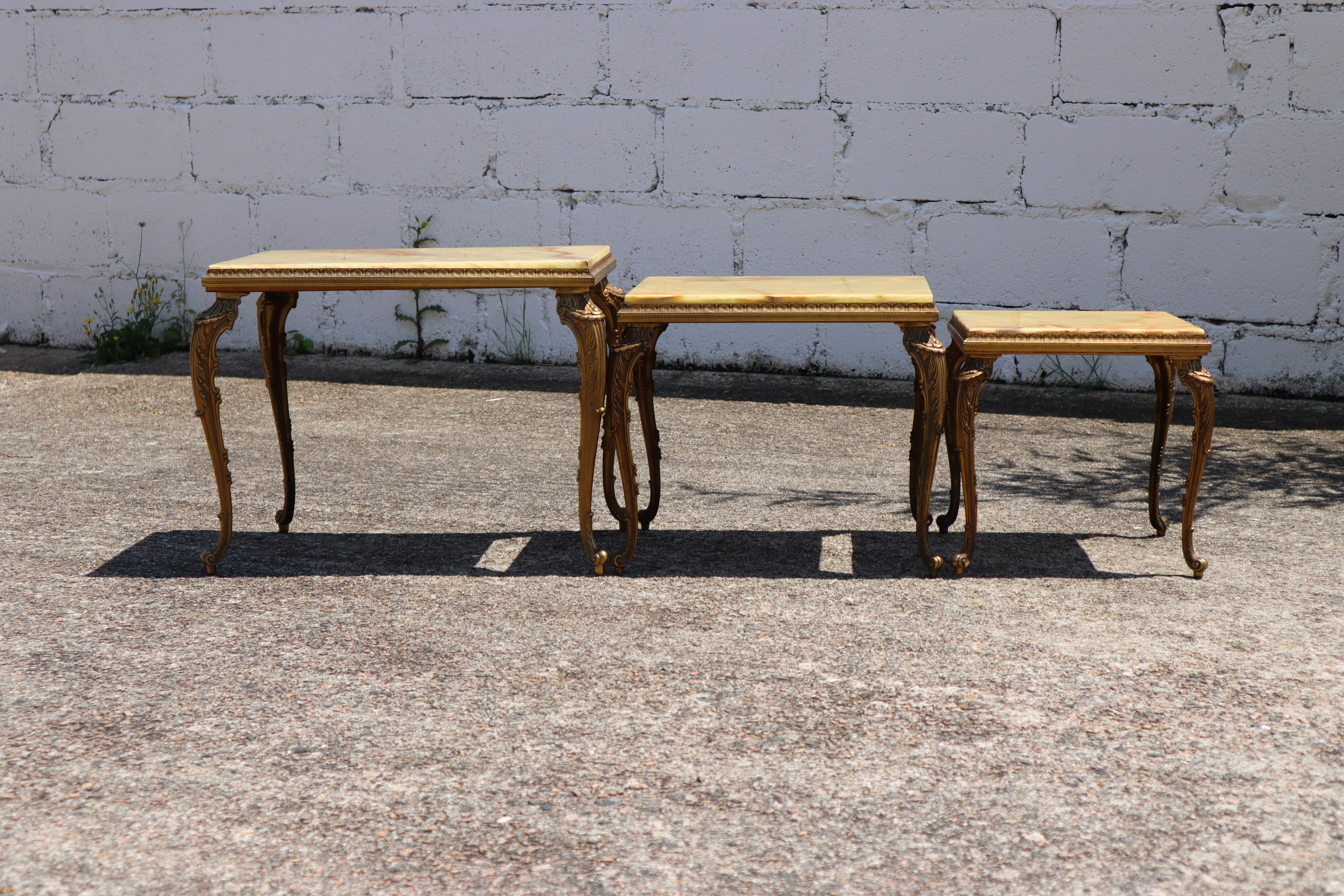 French Vintage Set of 3 Onyx Marble Brass Nesting Tables-Style Louis XV-70s 3