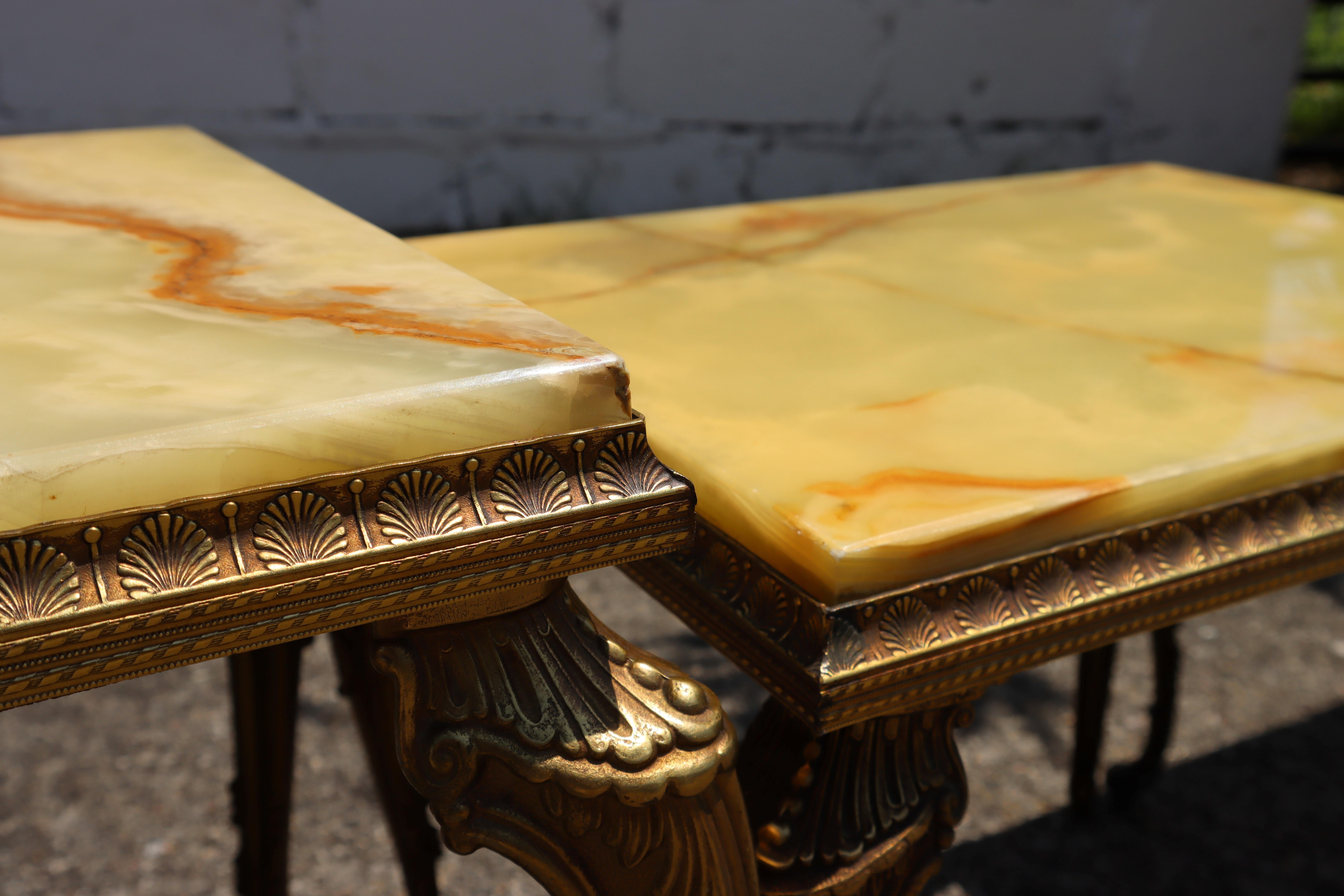 French Vintage Set of 3 Onyx Marble Brass Nesting Tables-Style Louis XV-70s 5