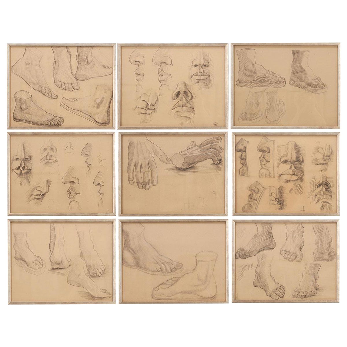 Set vintage francese di 9 schizzi di figura e studio incorniciati