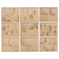 French Vintage Set of 9 Framed Figure-Study Sketches