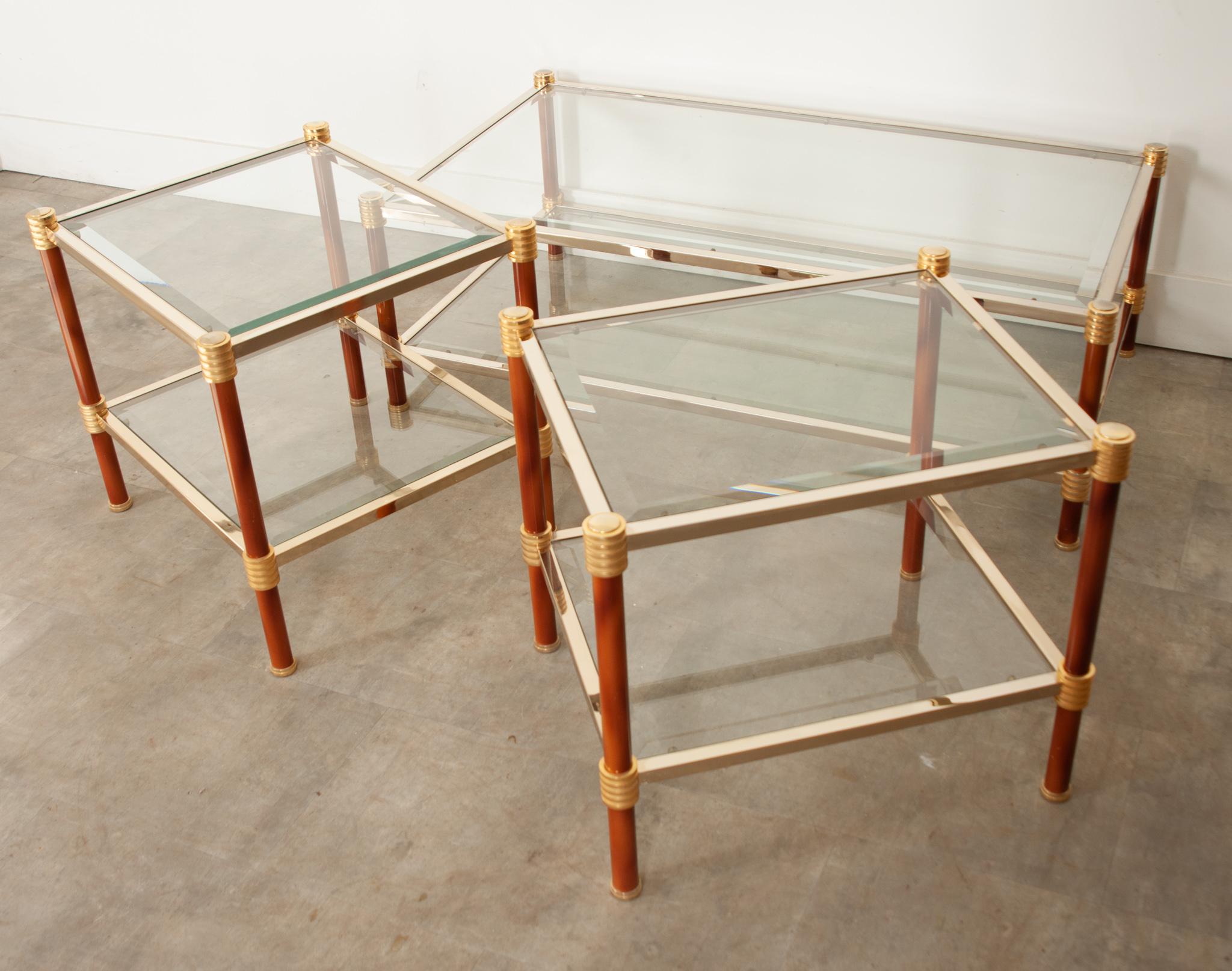 French Vintage Set of Brass and Glass Tables For Sale 5